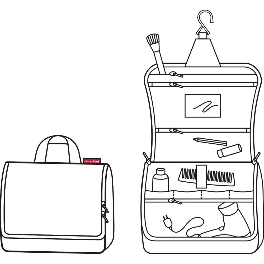 Eine geschlossene Kulturtasche und eine geöffnete Kulturtasche mit Inhalt.
