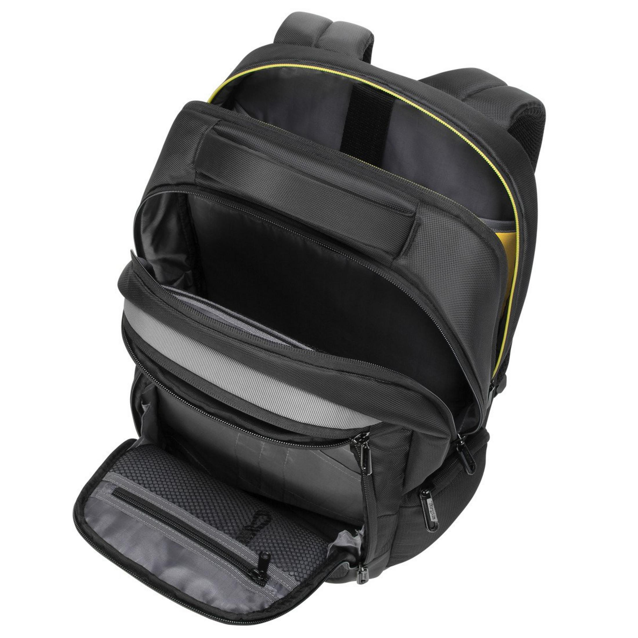 Mochila negra con detalles de cremallera amarilla, abierta mostrando compartimentos.