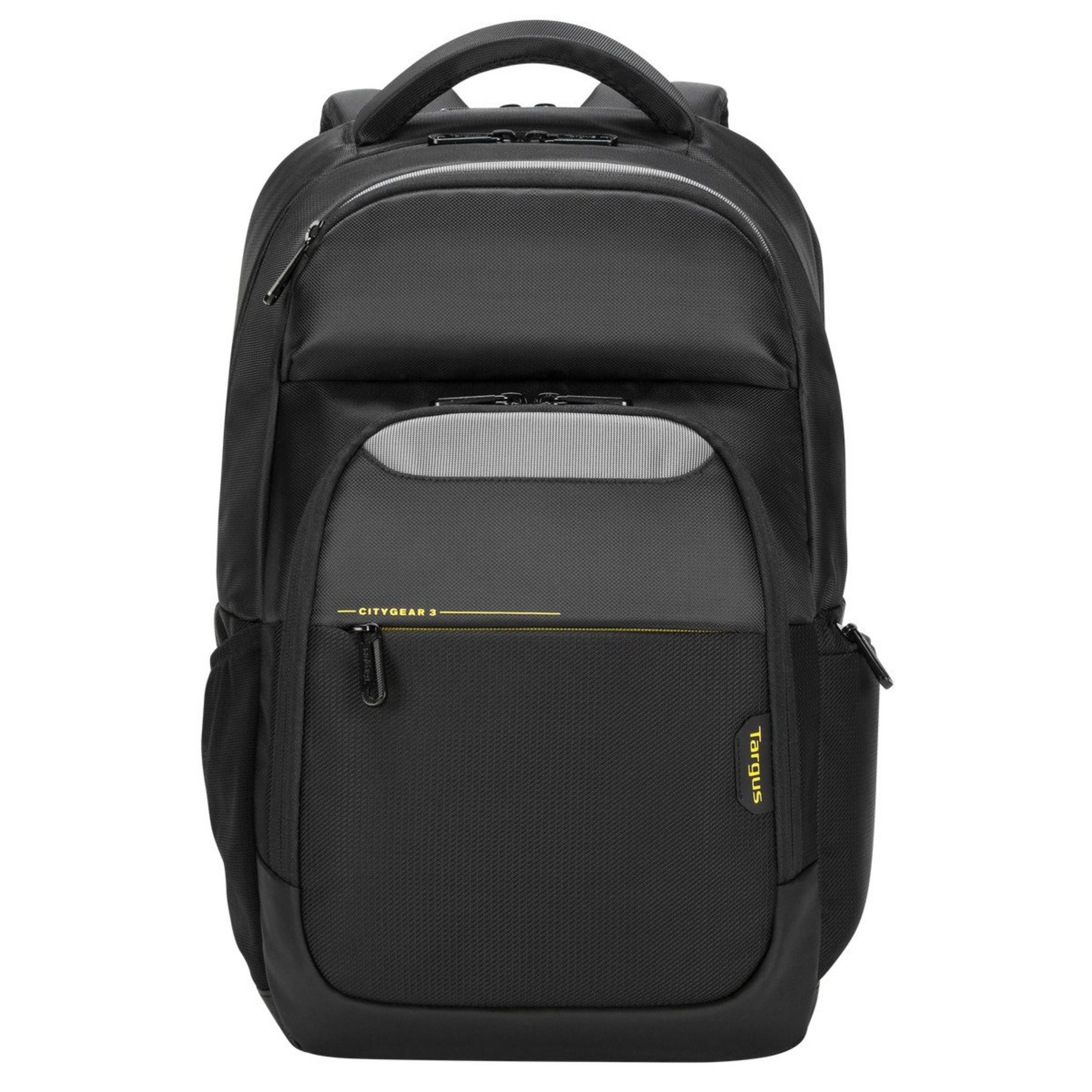 Mochila negra con múltiples compartimentos y cremalleras.