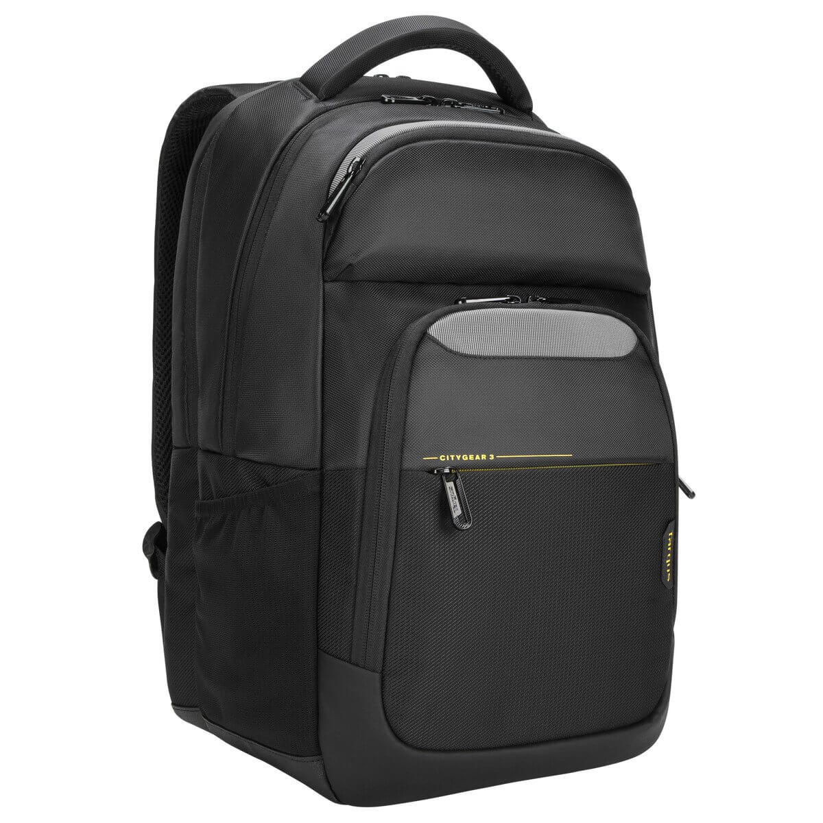 Mochila negra con cremalleras y asa superior.