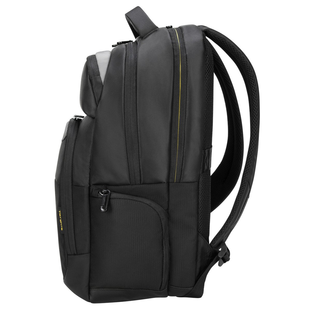 Mochila negra Targus con detalles amarillos y correas acolchadas, vista de perfil.