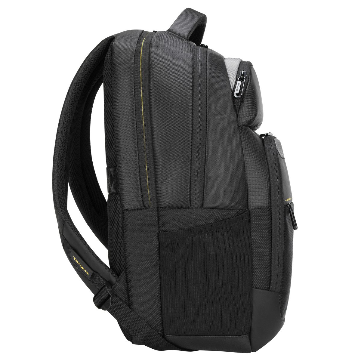 Mochila negra con detalles amarillos, vista lateral. Con correas acolchadas y bolsillos.