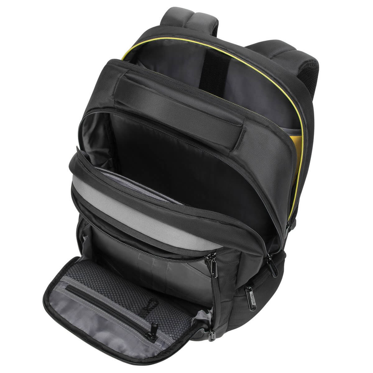 Una mochila negra con el compartimento principal abierto, mostrando varios bolsillos y cremallera amarilla.