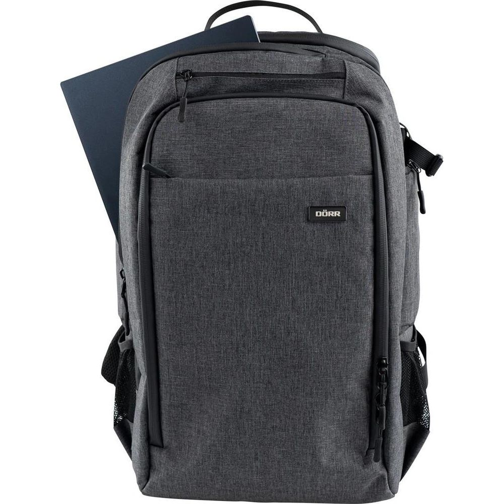 Sac à dos gris avec ordinateur portable, logo DÖRR et poches latérales.