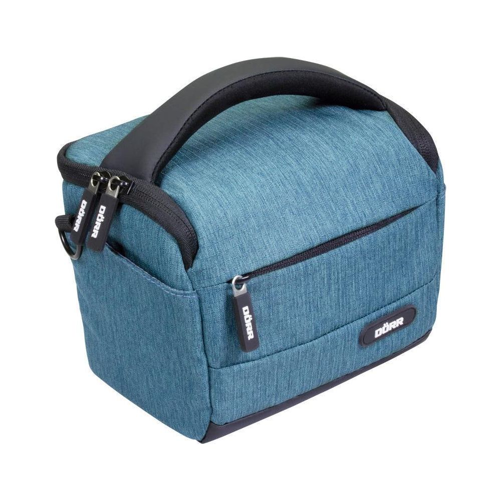 Una borsa fotografica blu con manico e cerniere nere.