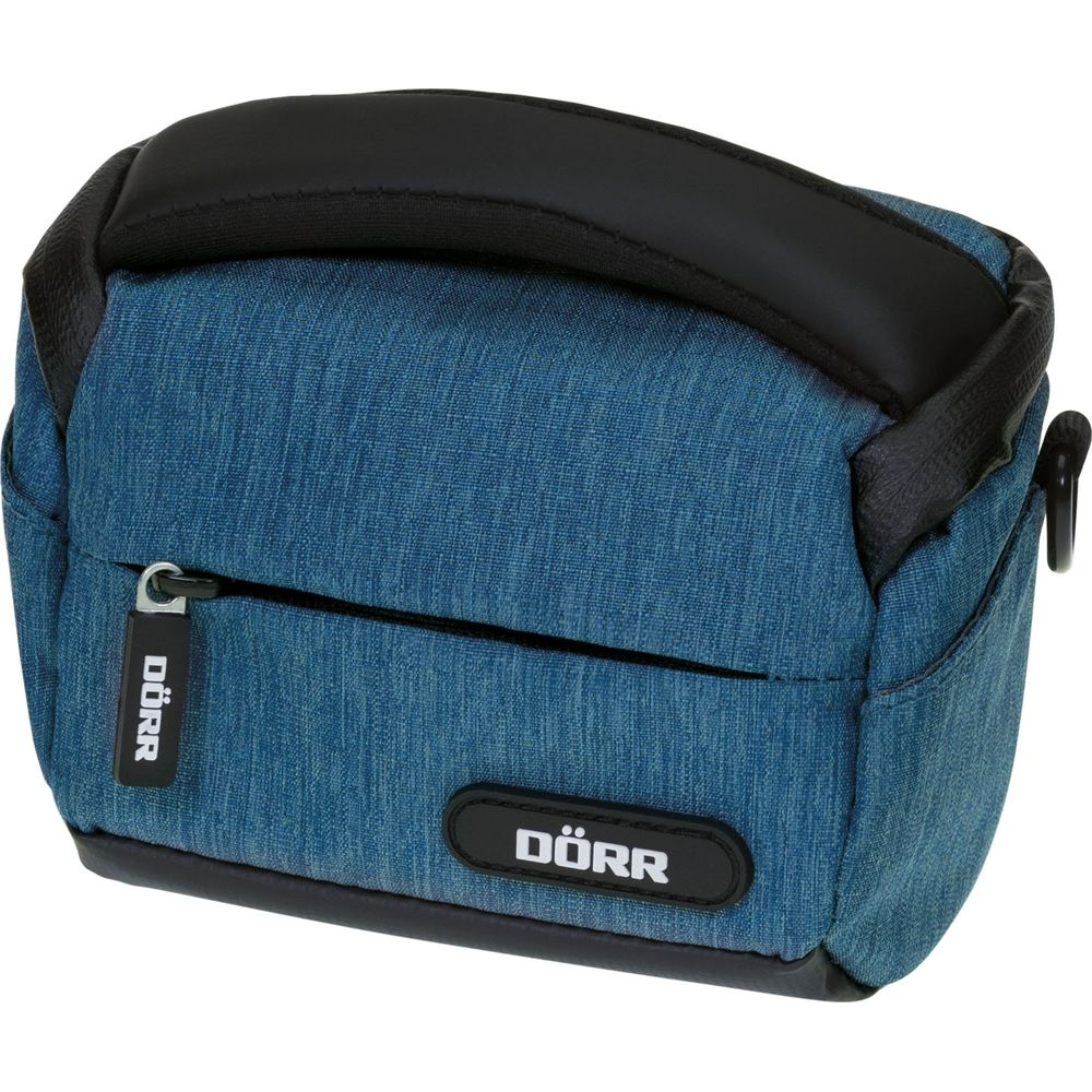 Borsa fotografica blu con manico e cerniera neri. Logo DÖRR visibile.