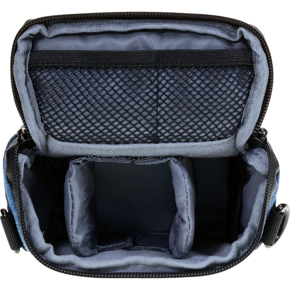 Borsa per fotocamera vuota con tasca in rete in alto e due scomparti sotto.