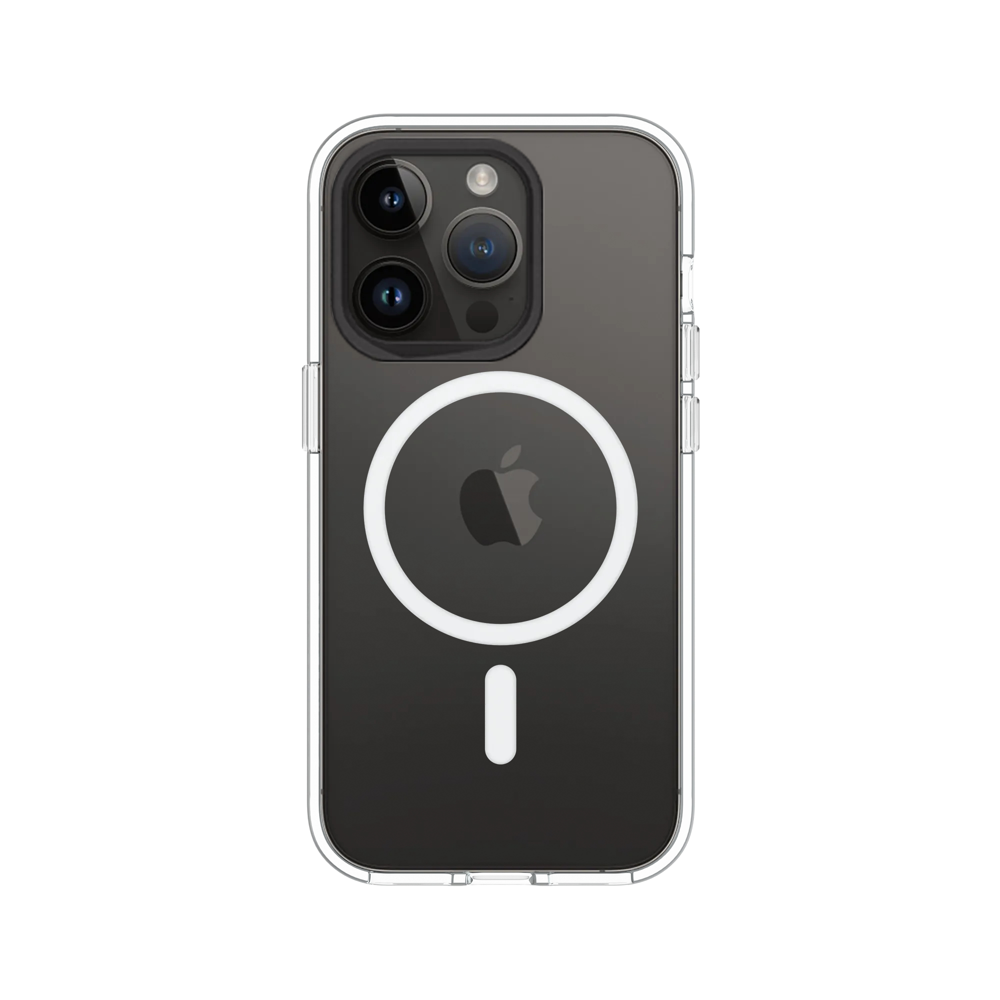 Transparente Hülle für iPhone mit Kameramodul und weißem MagSafe-Ring.