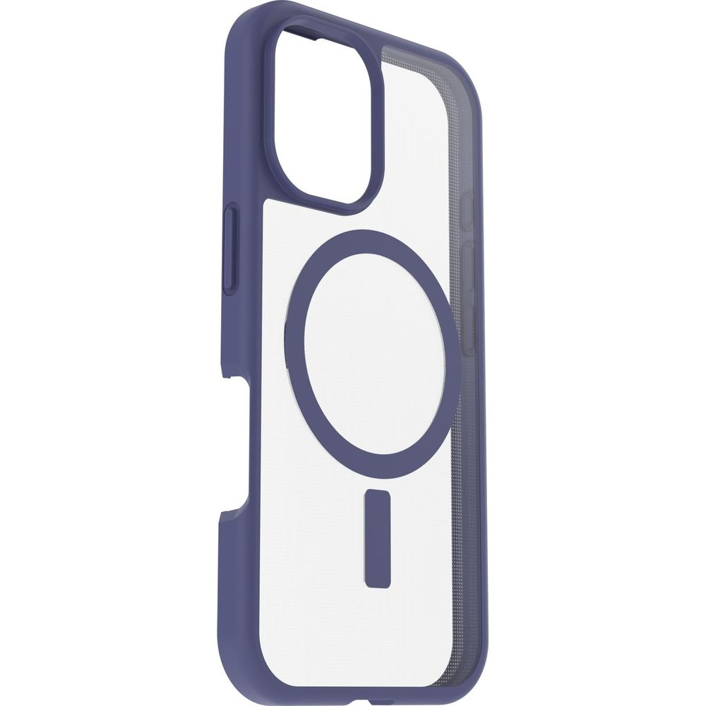 Una custodia trasparente per telefono con bordo blu e design circolare.