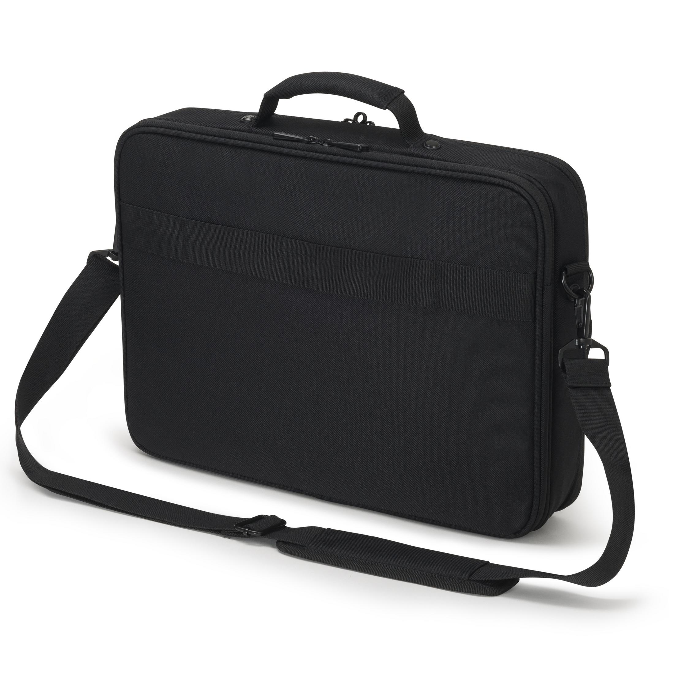 Sacoche noire pour ordinateur portable avec poignée et bandoulière, sur fond blanc.