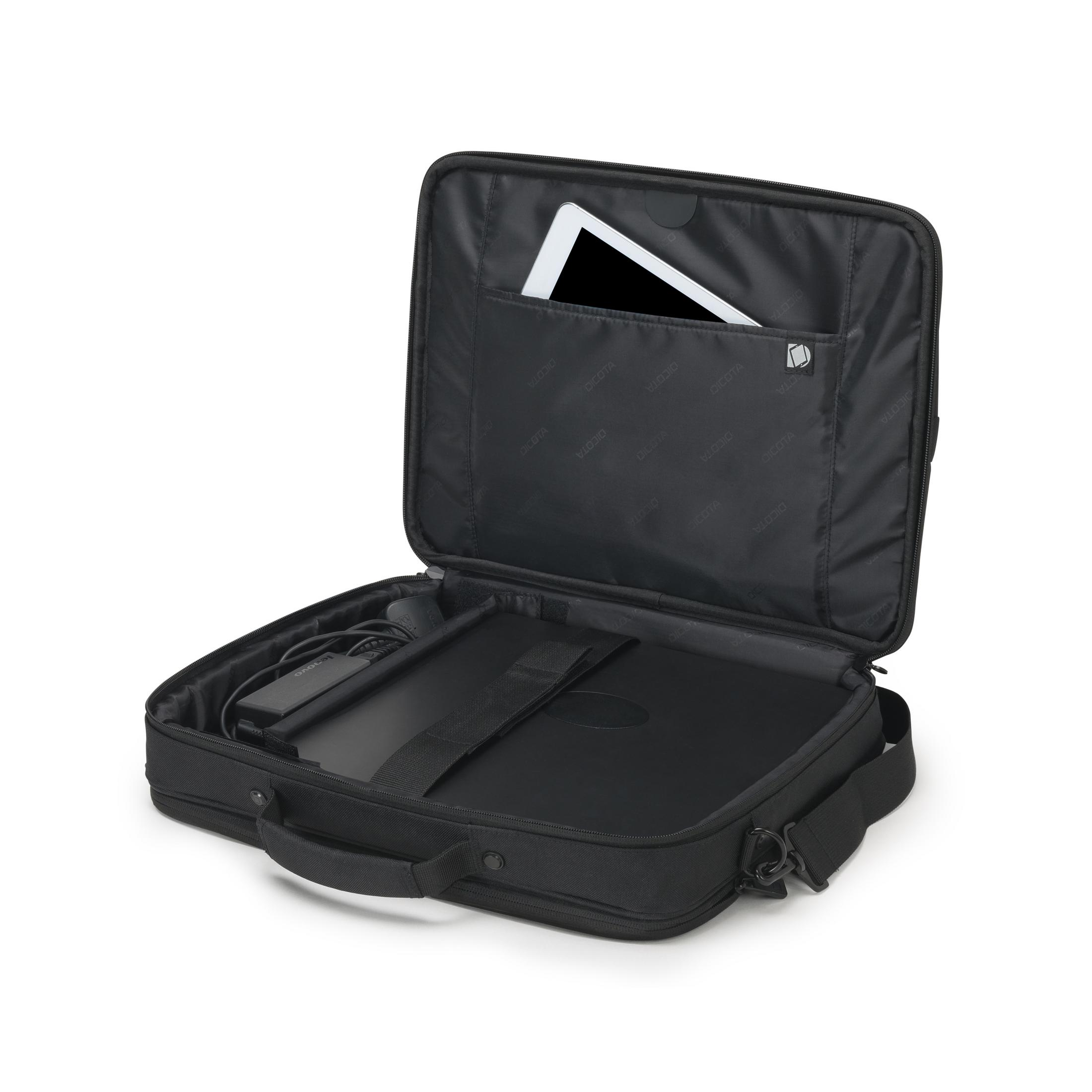 Une sacoche noire avec une tablette et un adaptateur secteur ouverts.