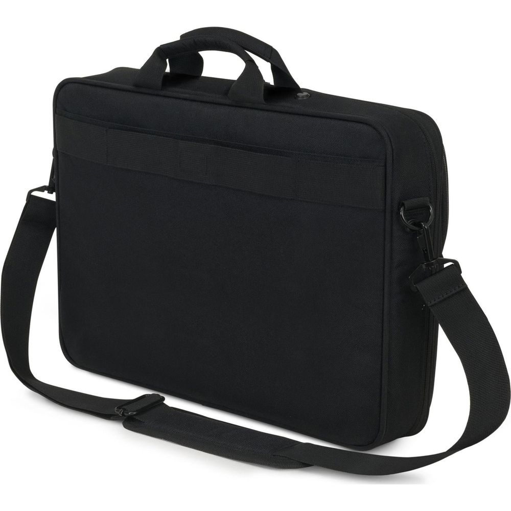 Un sac noir pour ordinateur portable avec poignées et bandoulière.