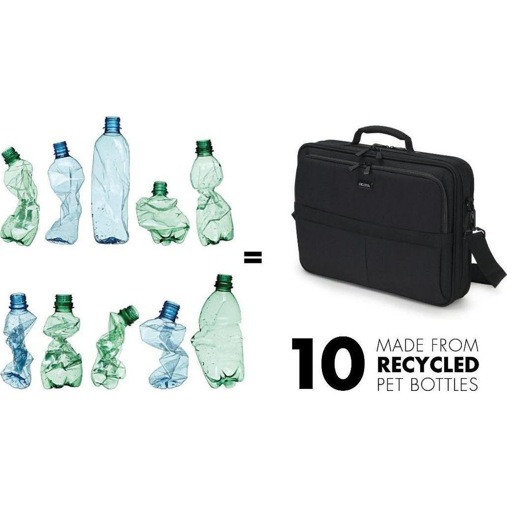 Dix bouteilles en plastique écrasées à côté d'un sac d'ordinateur portable noir étiqueté 'Fabriqué à partir de bouteilles PET recyclées'.