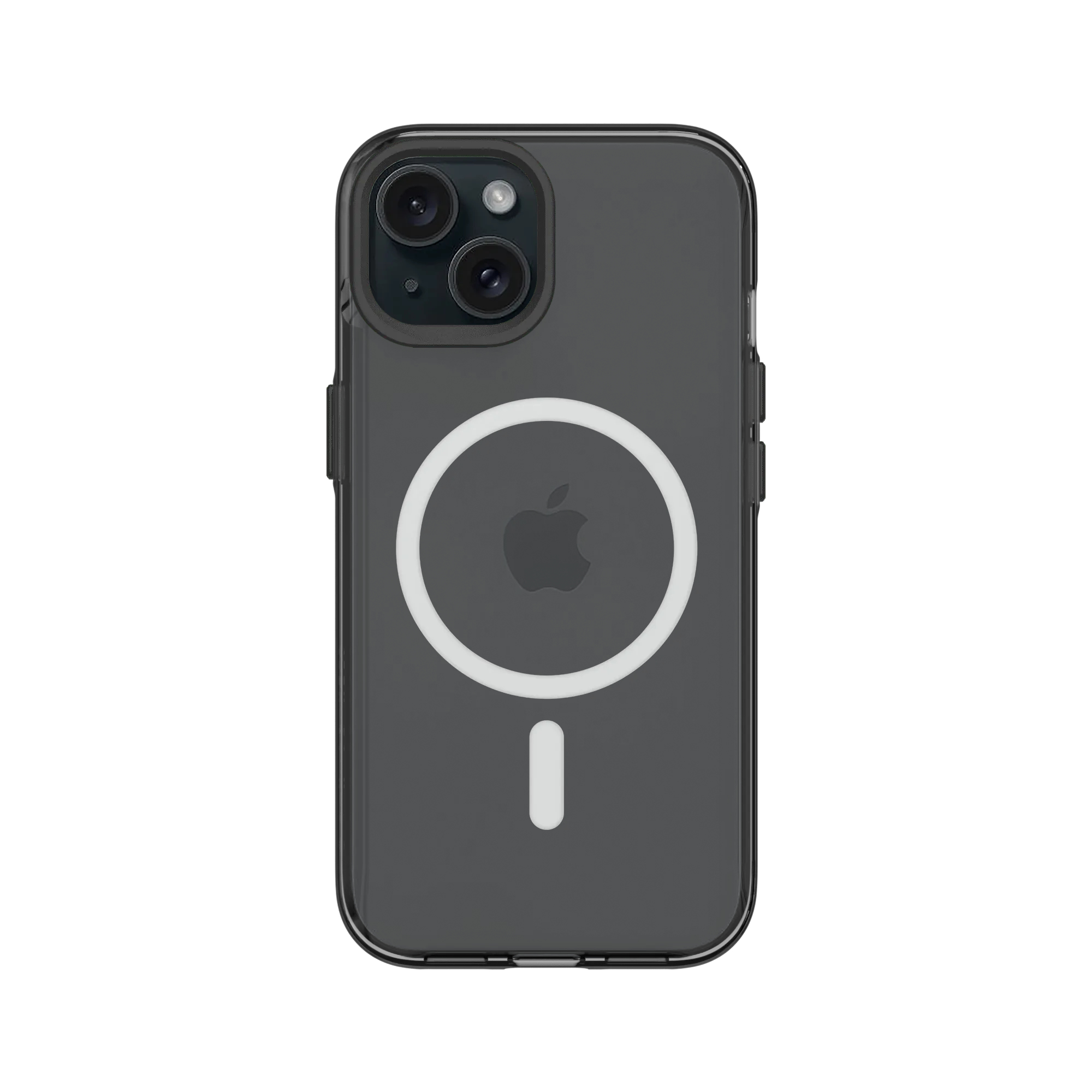Coque iPhone gris foncé avec logo Apple et anneau MagSafe.