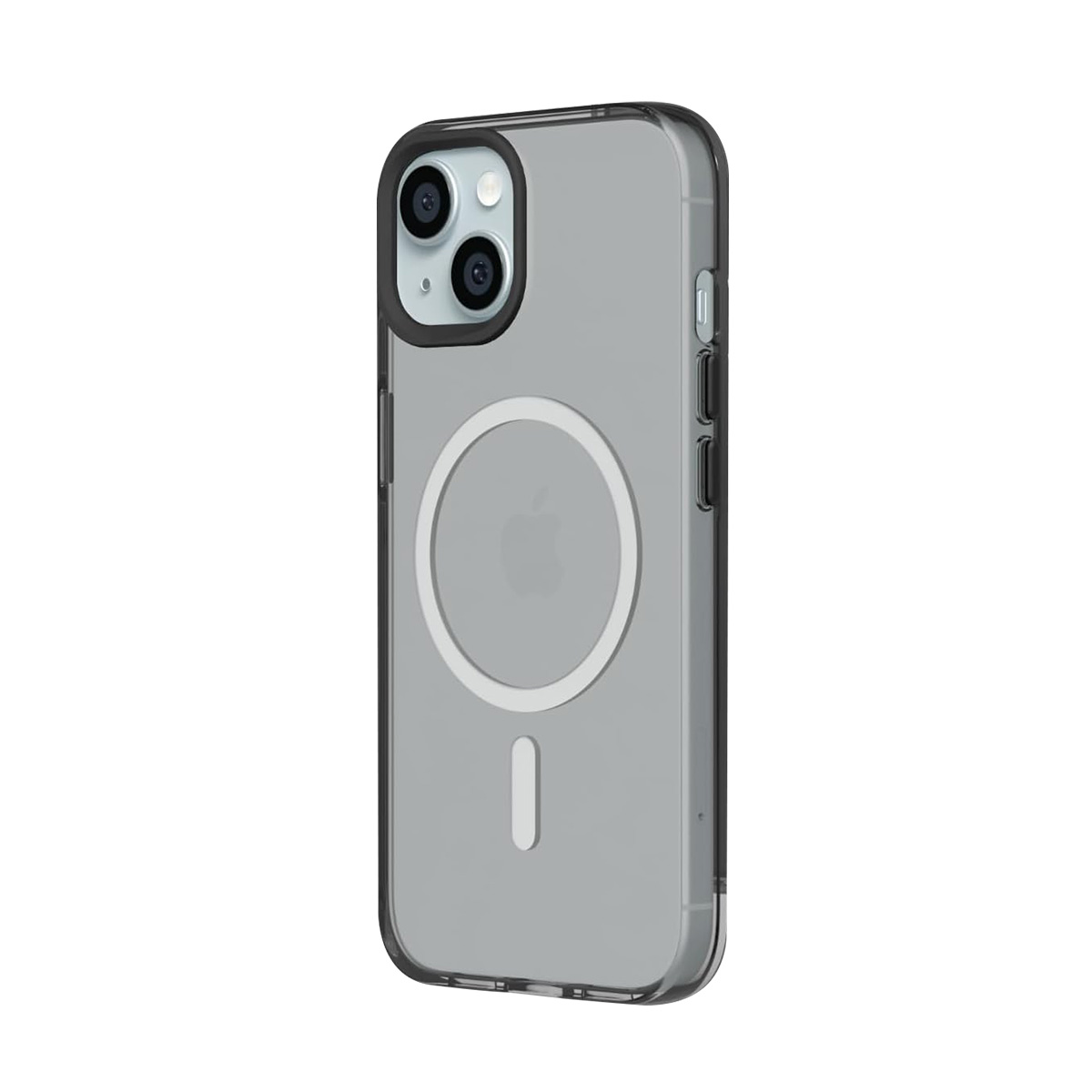 Une coque de téléphone transparente avec bordure noire et cercle MagSafe sur fond blanc.
