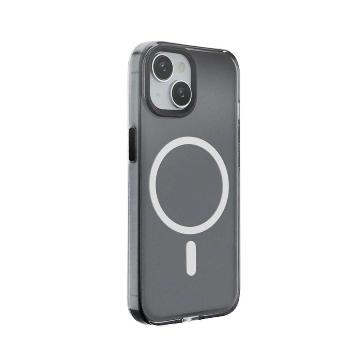 Coque de téléphone transparente avec anneau MagSafe et double caméra.