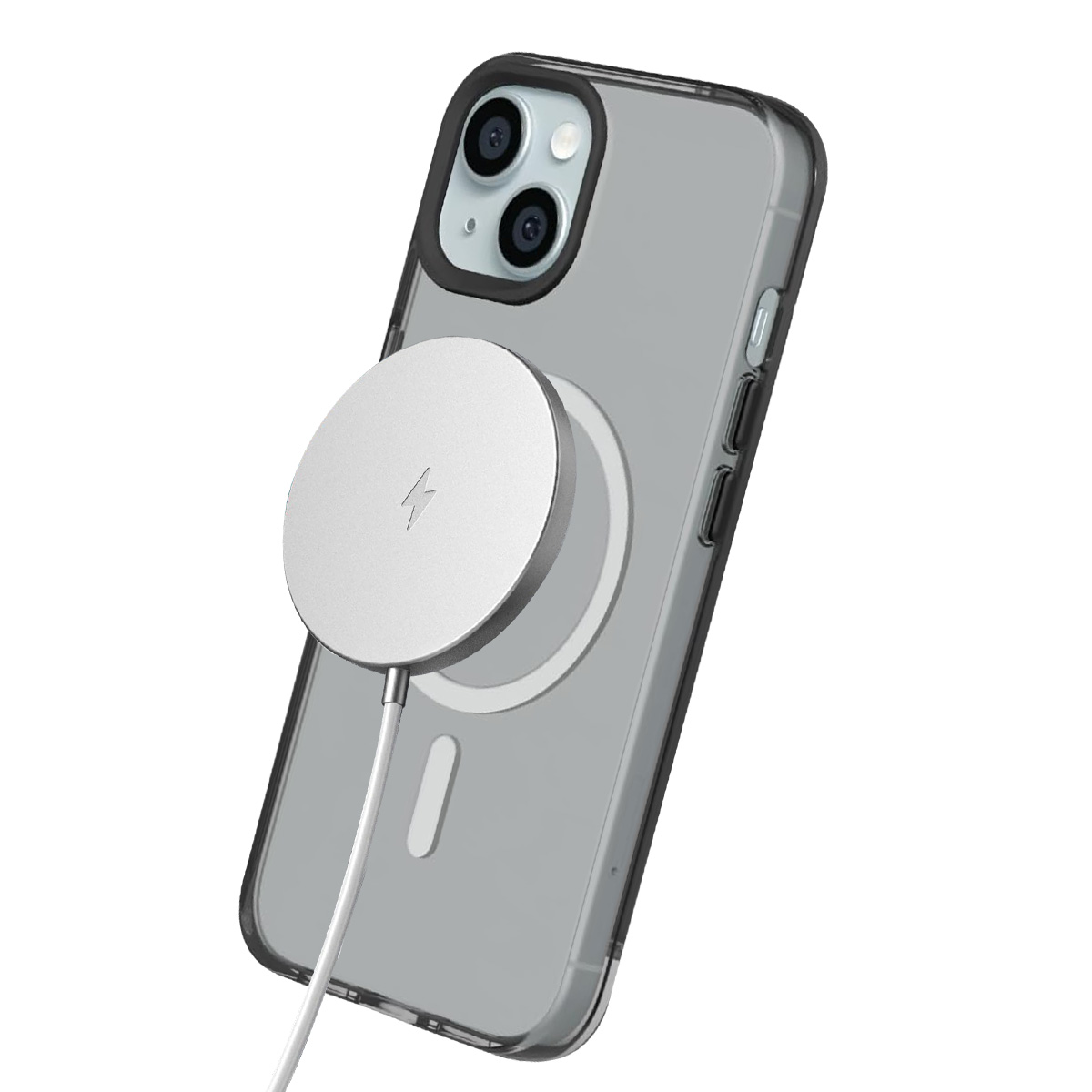 Un chargeur MagSafe argenté est fixé au dos d'un iPhone transparent à bordure noire.