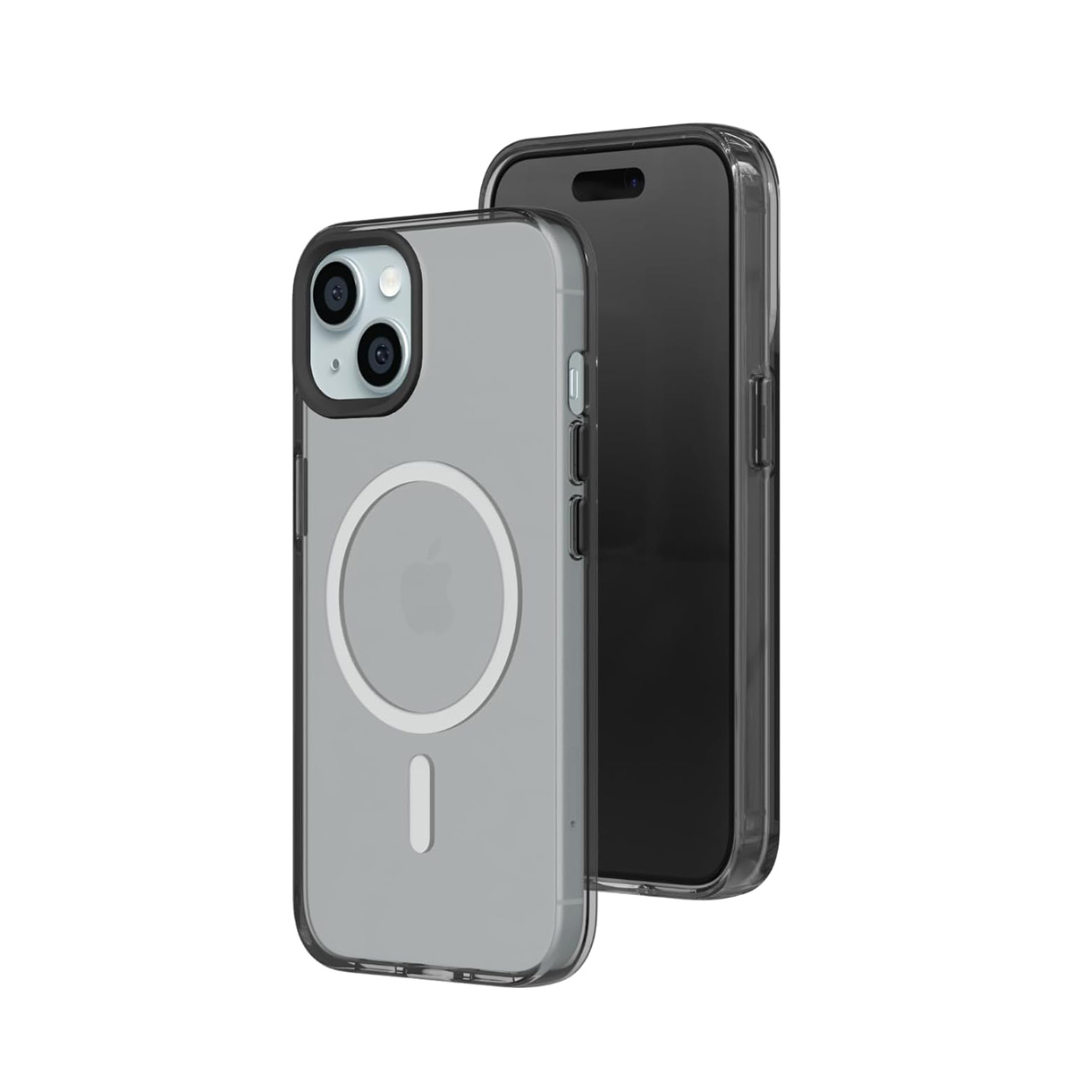 Une coque de téléphone transparente avec un anneau magnétique sur un téléphone noir.
