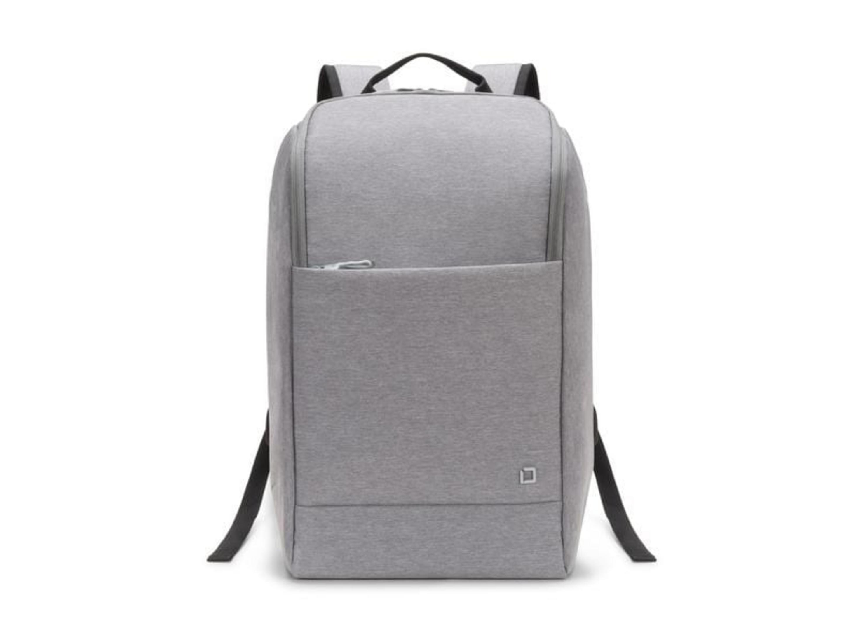 Grauer Rucksack mit schwarzen Trägern und einem kleinen Quadrat-Logo.