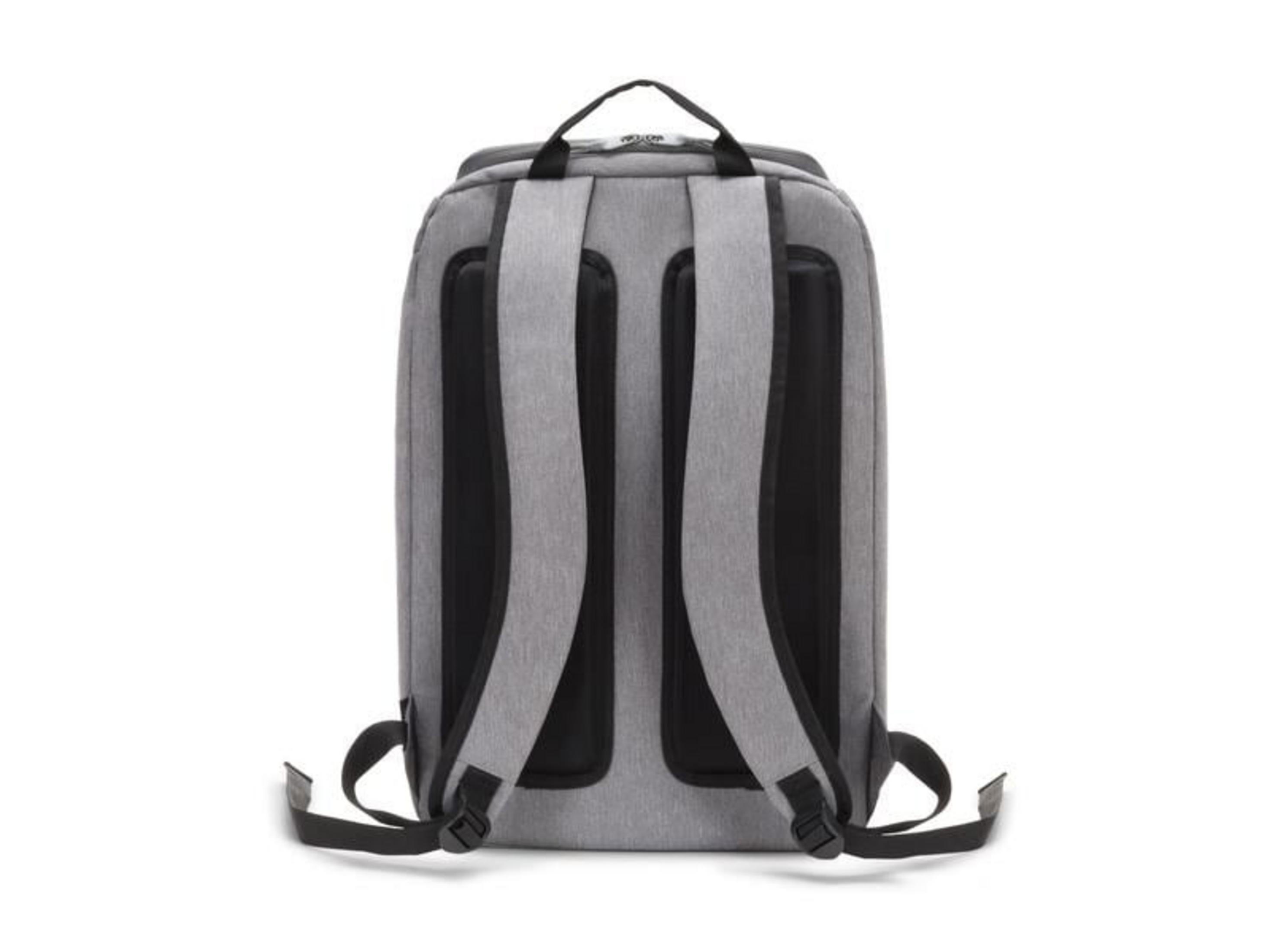 Rückansicht eines grauen Rucksacks mit schwarzen Trägern und Polsterung.