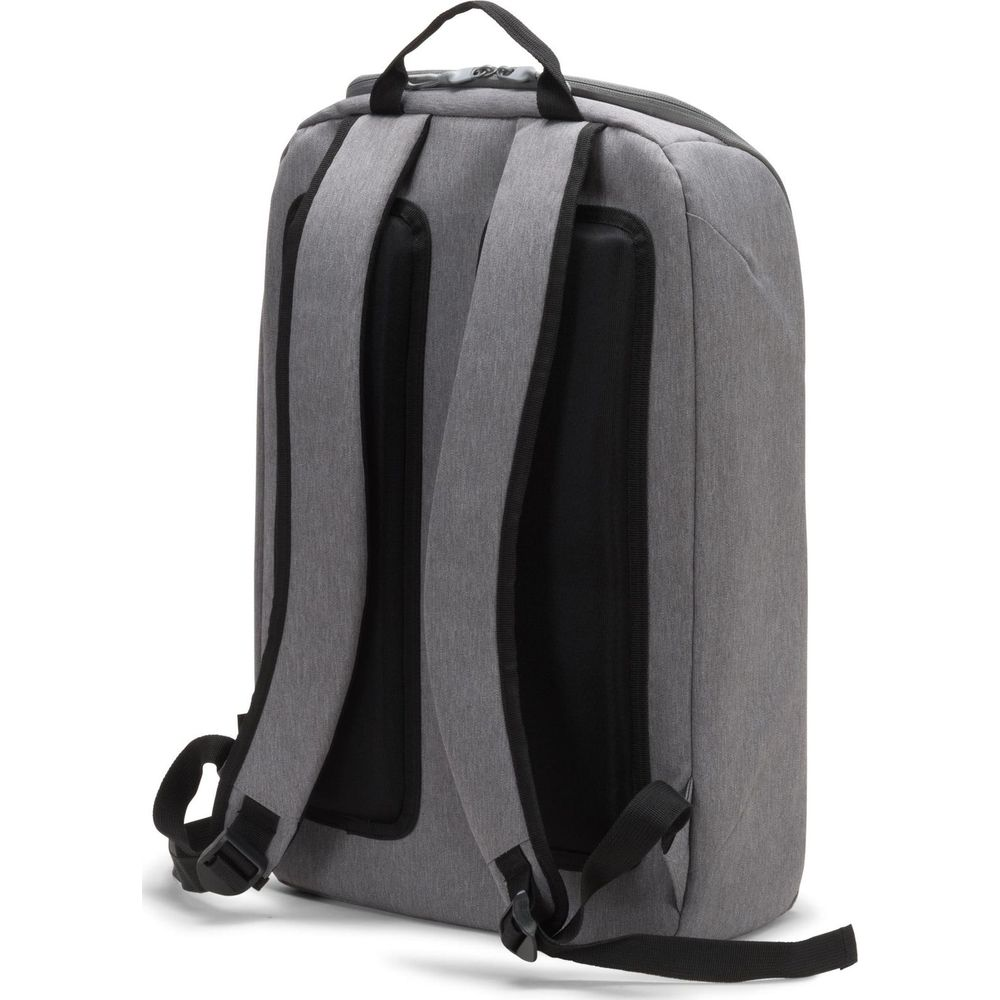 Grauer Rucksack von hinten mit schwarzen Trägern und Polsterung.