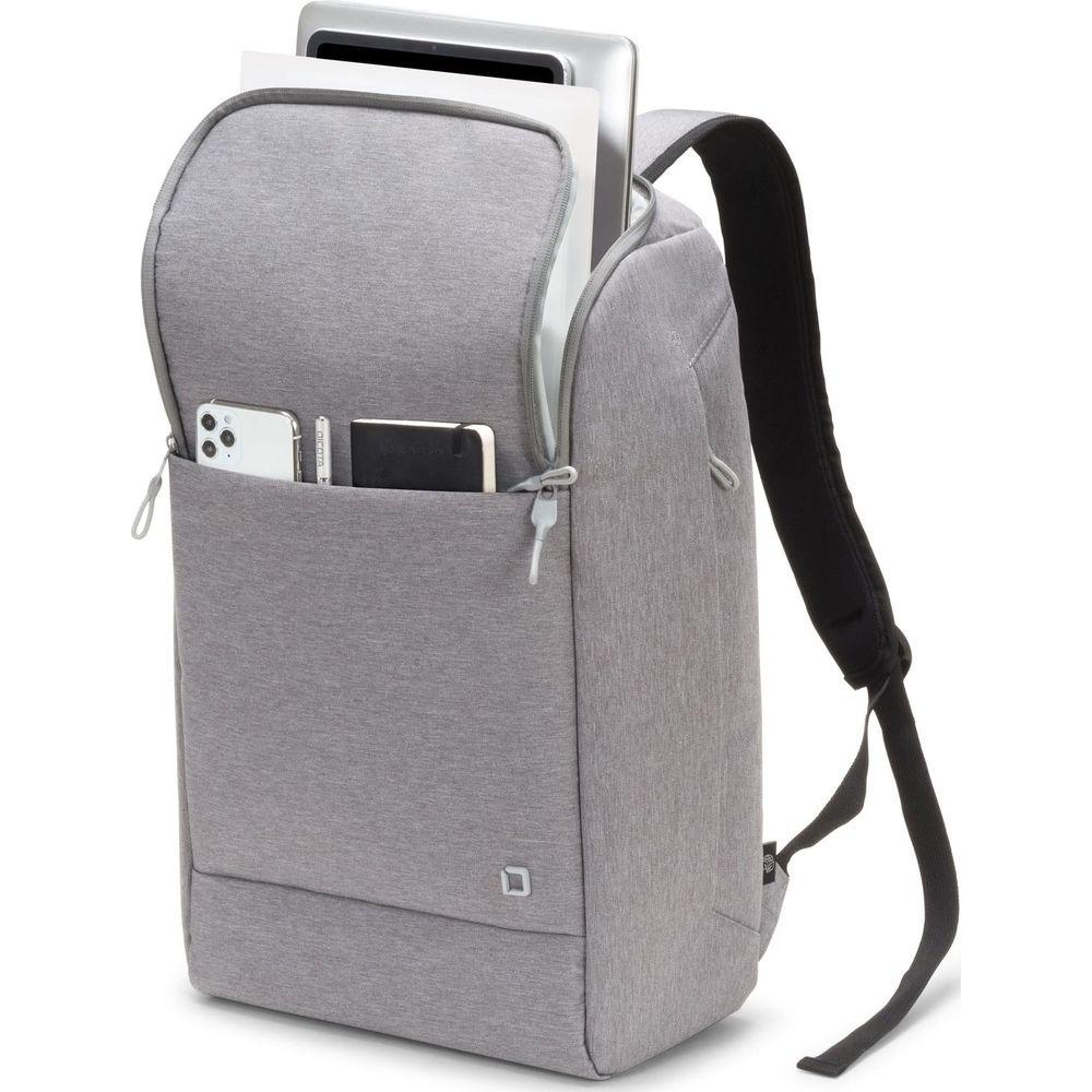 Grauer Rucksack mit Laptop, Handy und Notizbuch in Außentaschen.