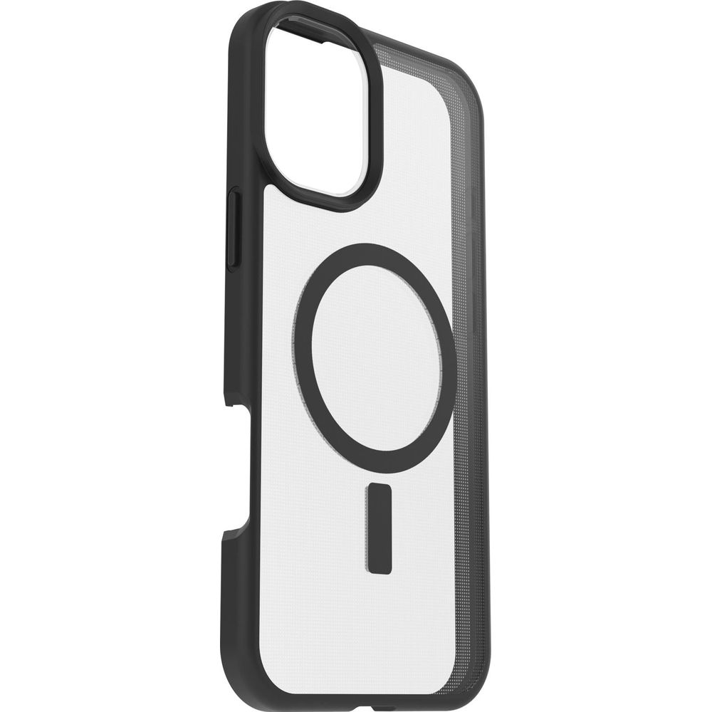Custodia nera per telefono con retro trasparente e cerchio MagSafe.