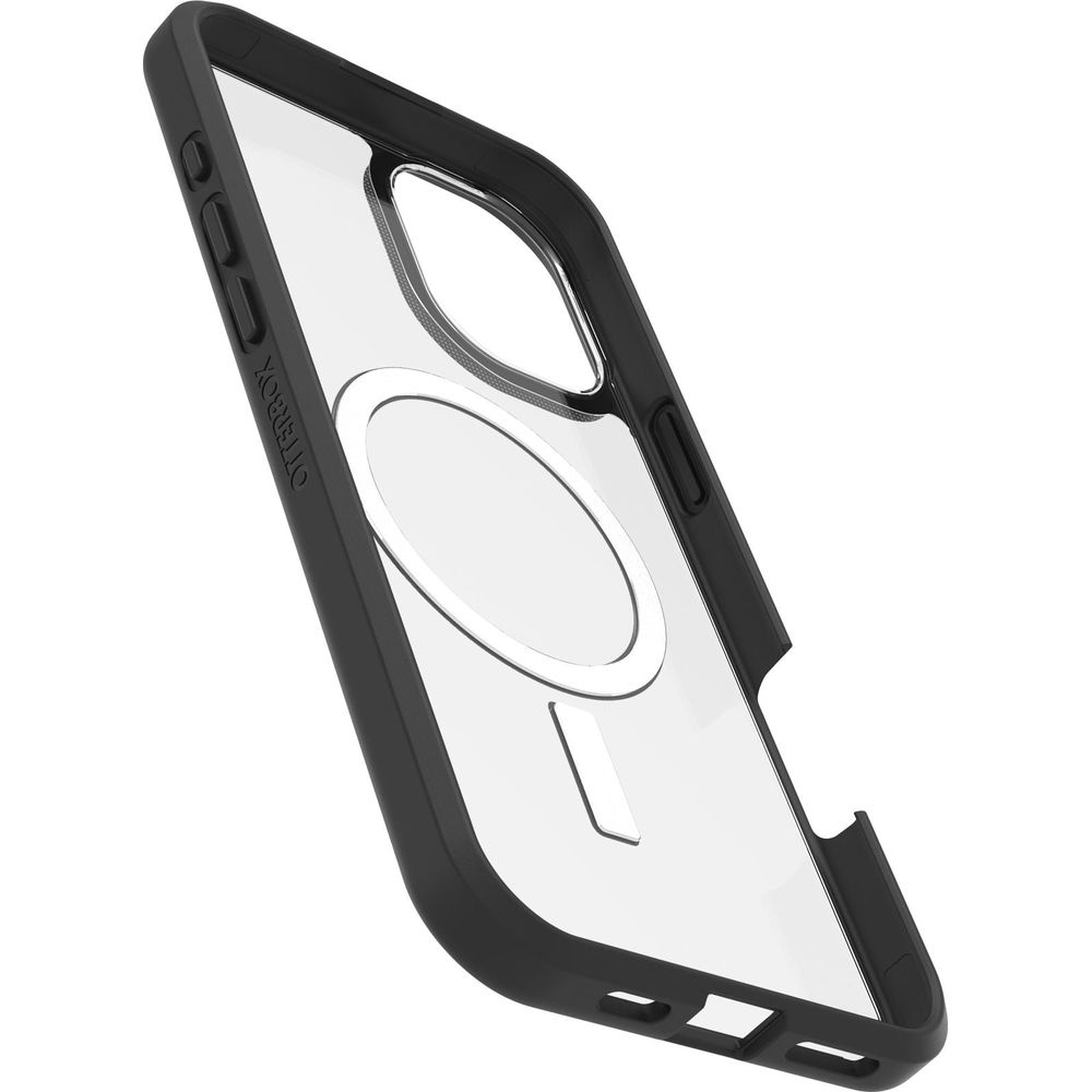Custodia nera con retro trasparente e anello magnetico per ricarica MagSafe.