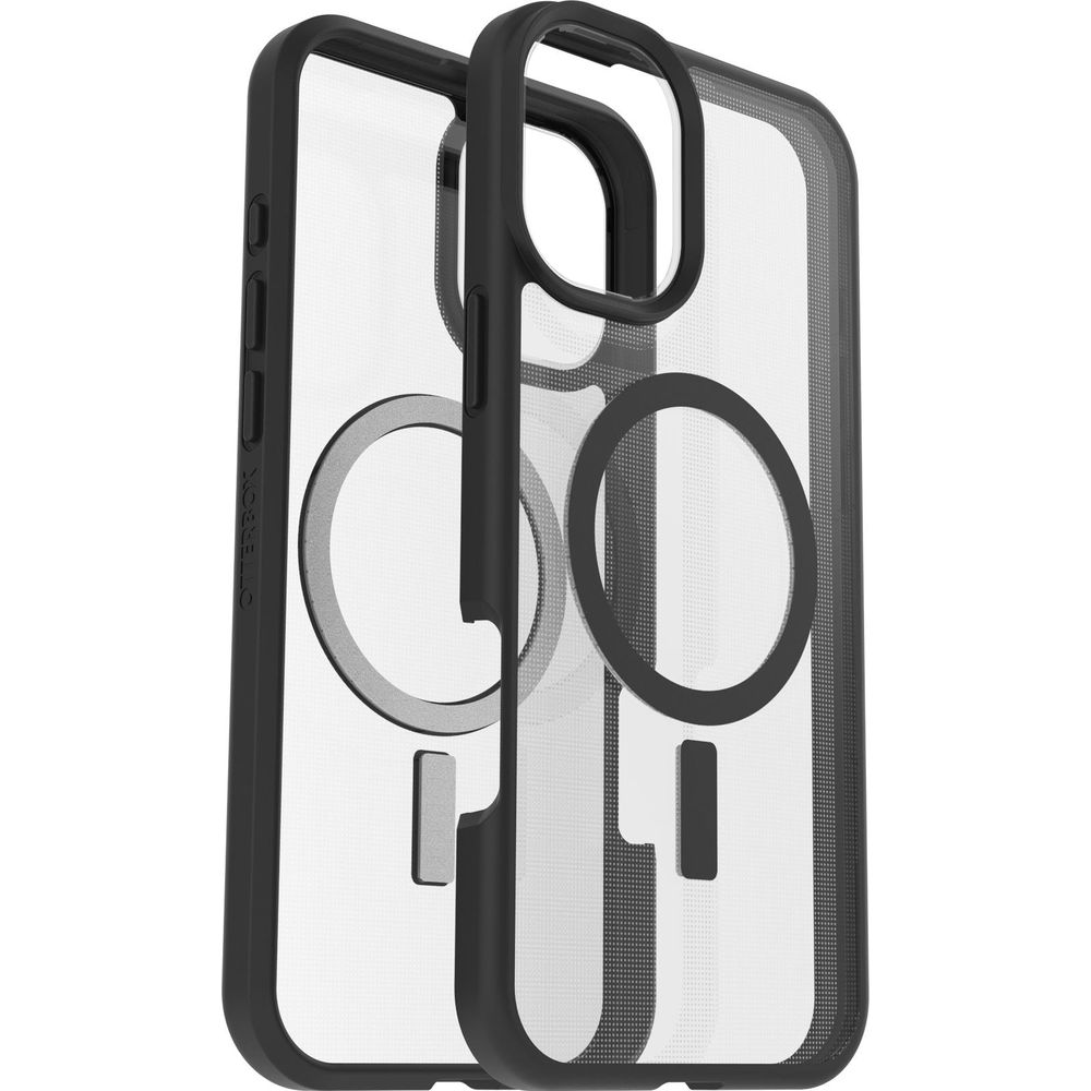 Due custodie trasparenti per telefono con bordi neri magnetici.