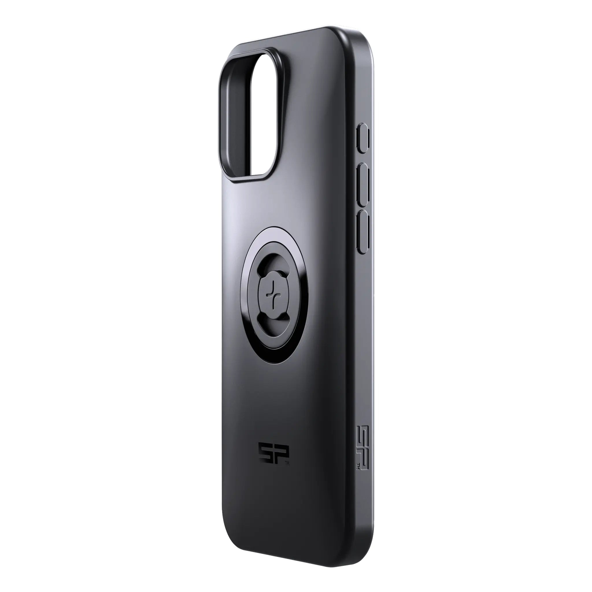 Schwarze Handyhülle mit rundem Emblem und SP-Logo.