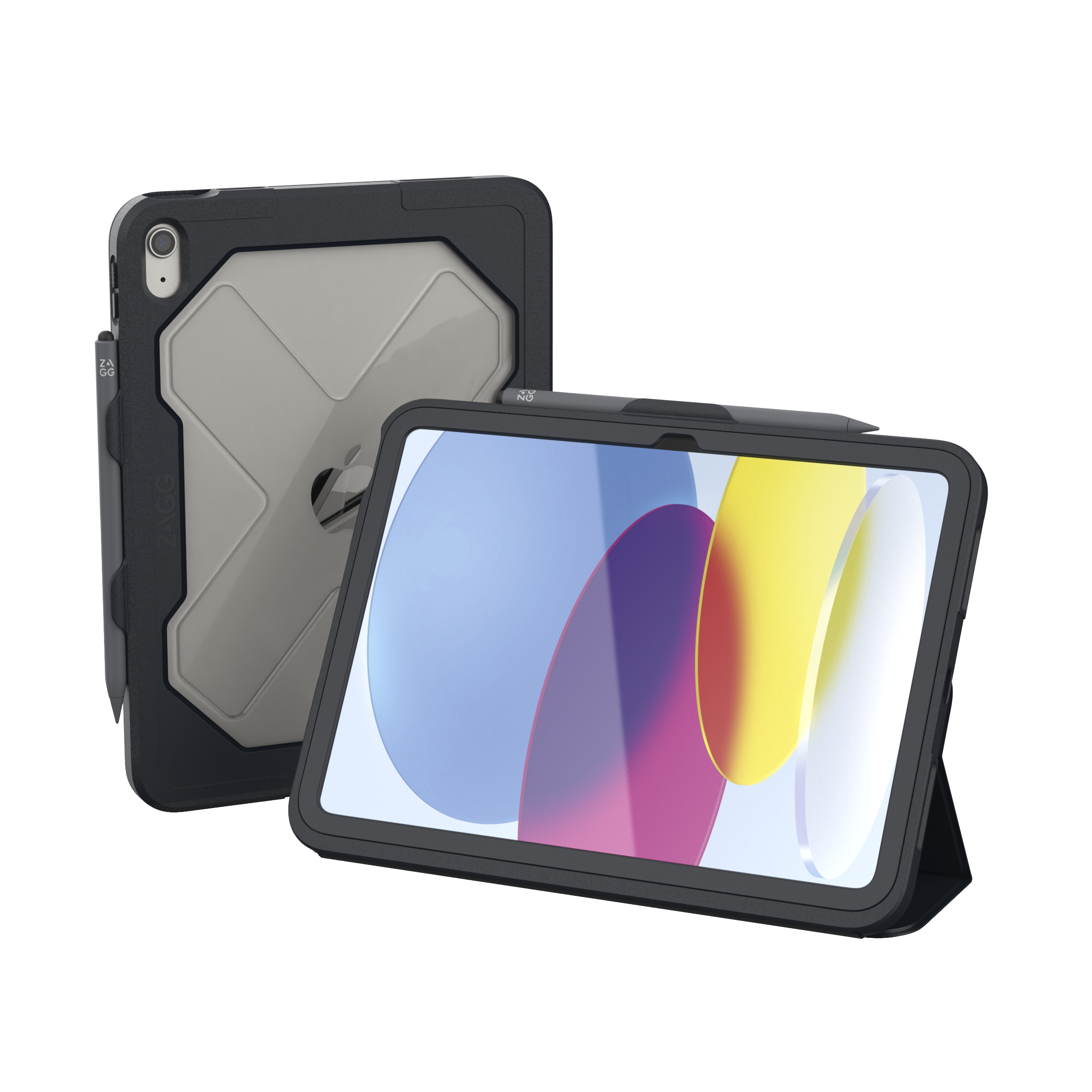 Ein schwarzes Tablet mit Stifthalter im robusten Gehäuse, aufgestellt mit Ständer.
