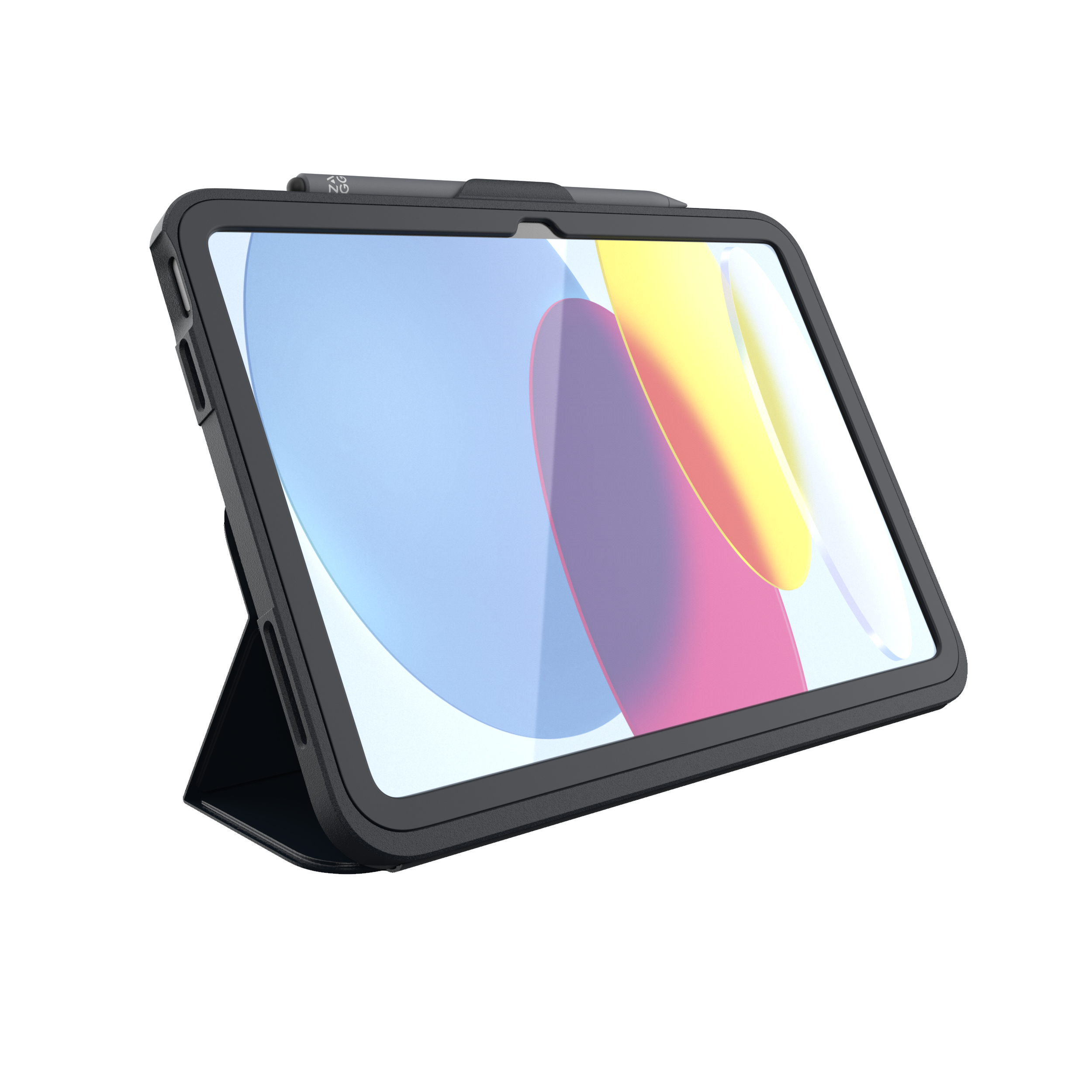 Ein schwarzes Tablet in einer Schutzhülle mit Stifthalter, auf weißem Hintergrund.