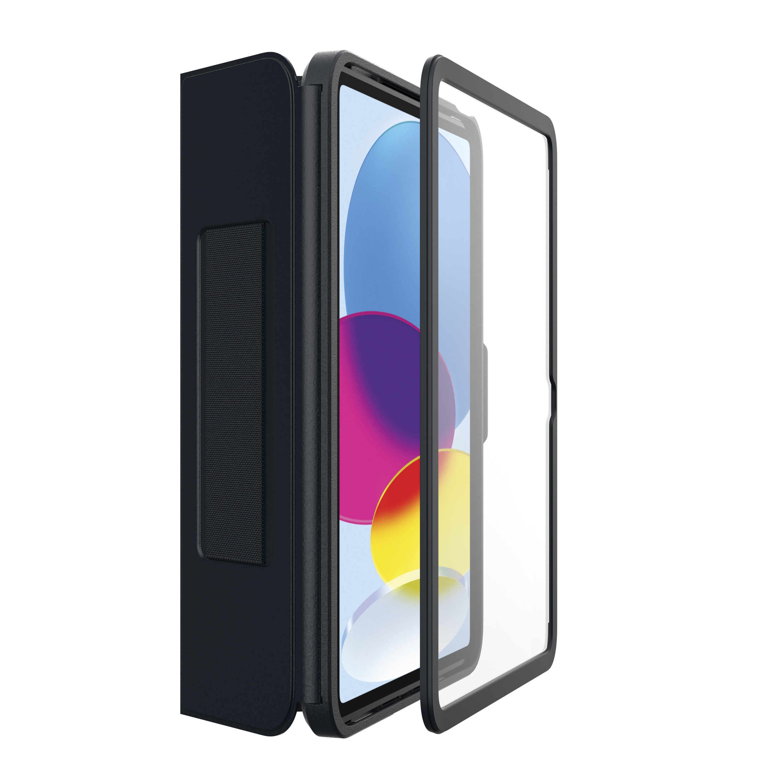 Ein schwarzes Tablet mit Hülle und Displayschutzfolie auf weißem Hintergrund.