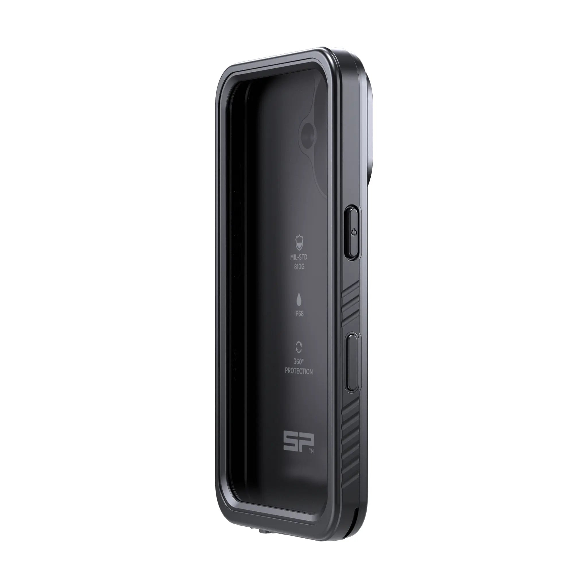 Schwarzes, robustes Handygehäuse mit MIL-STD 810G & IP68-Schutz.