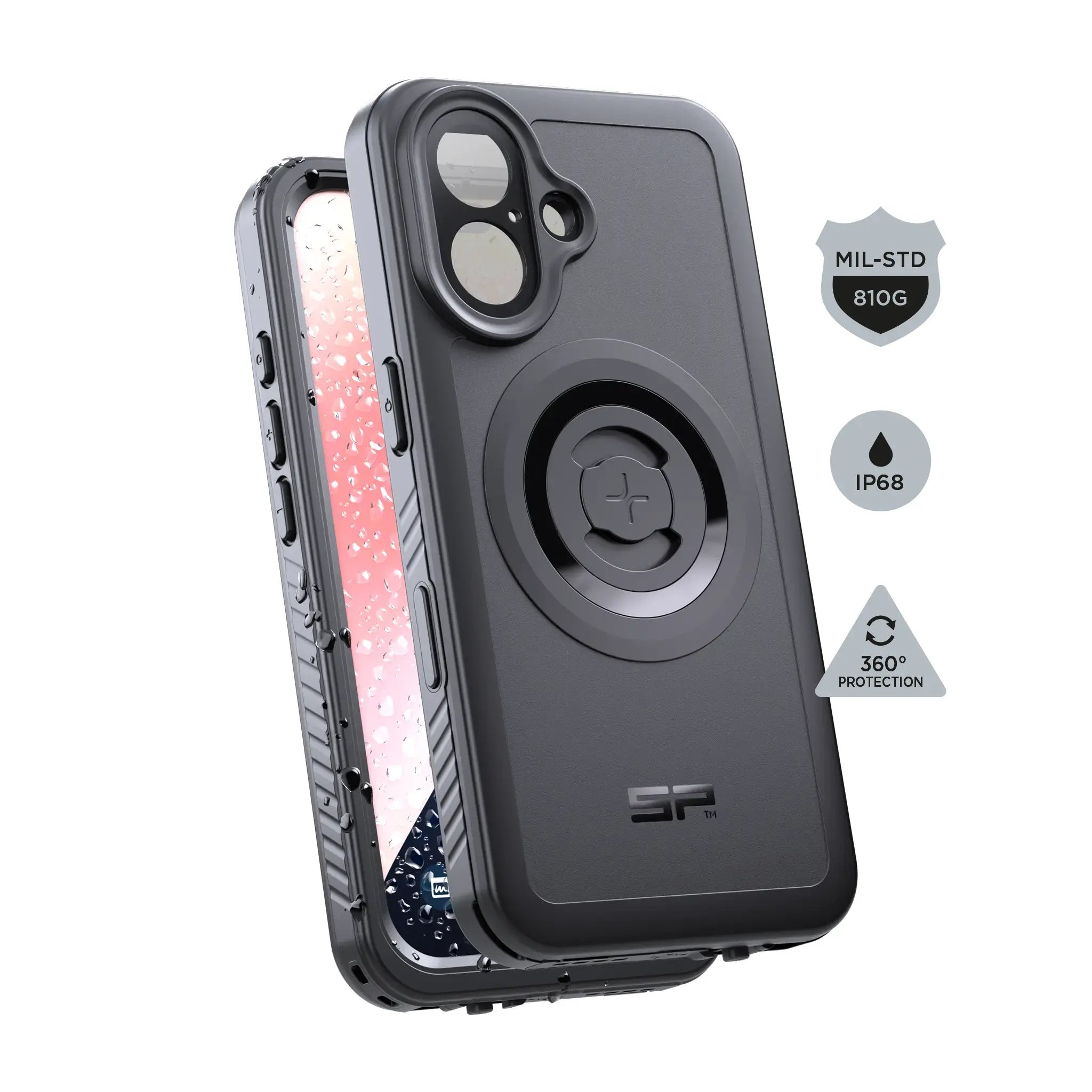 Schwarzes Handyhülle mit Kameraschutz und IP68-Siegel.