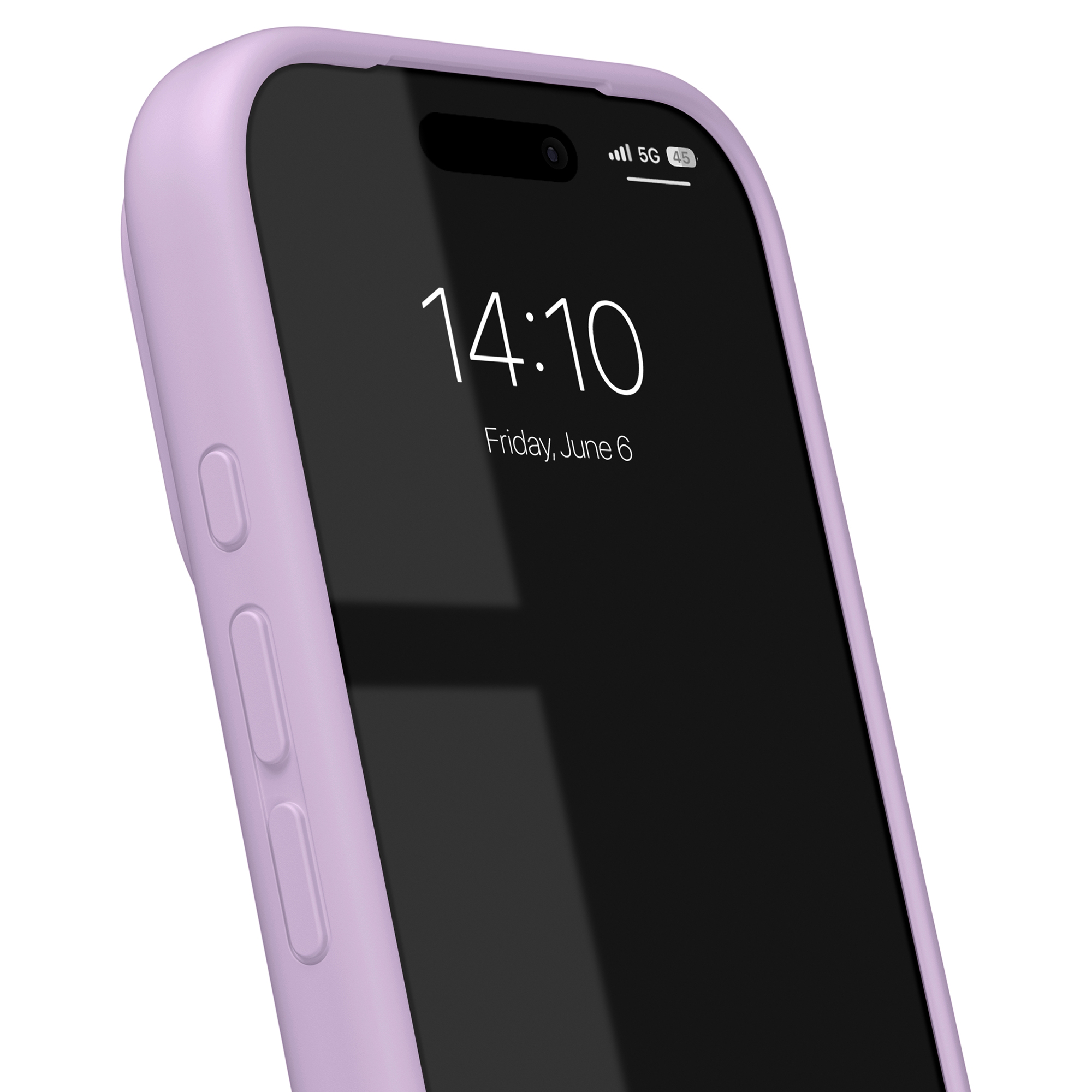 Ein lila iPhone-Schutzhülle mit einem schwarzen Bildschirm, der 14:10 Uhr anzeigt.