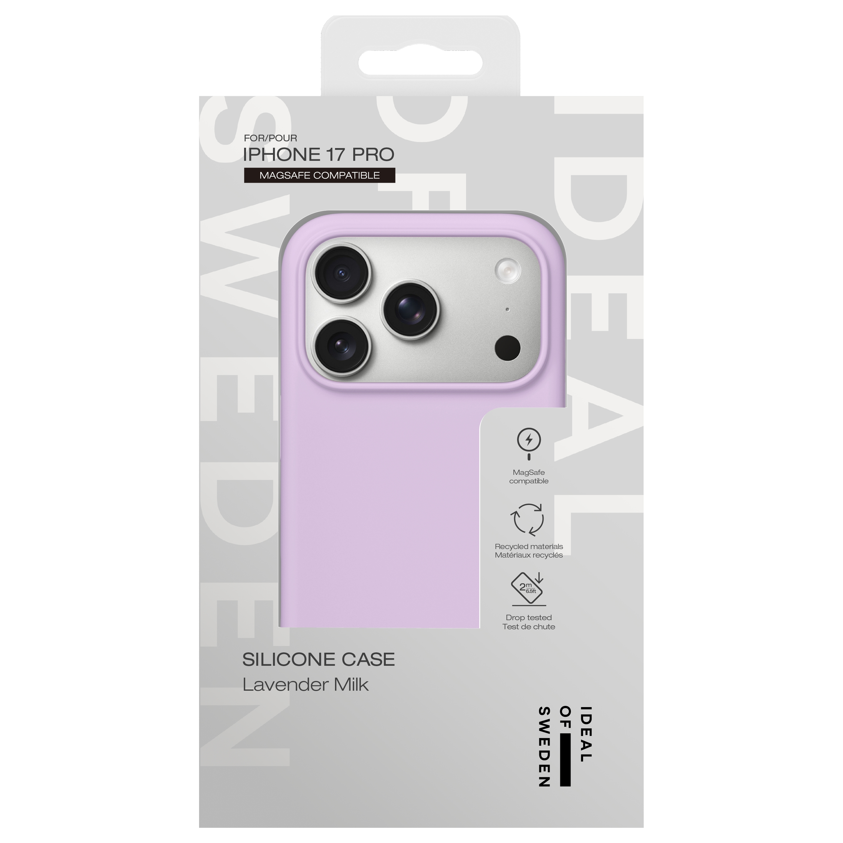 Lavendelfarbene Silikonhülle für iPhone 17 Pro mit MagSafe-Kompatibilität.