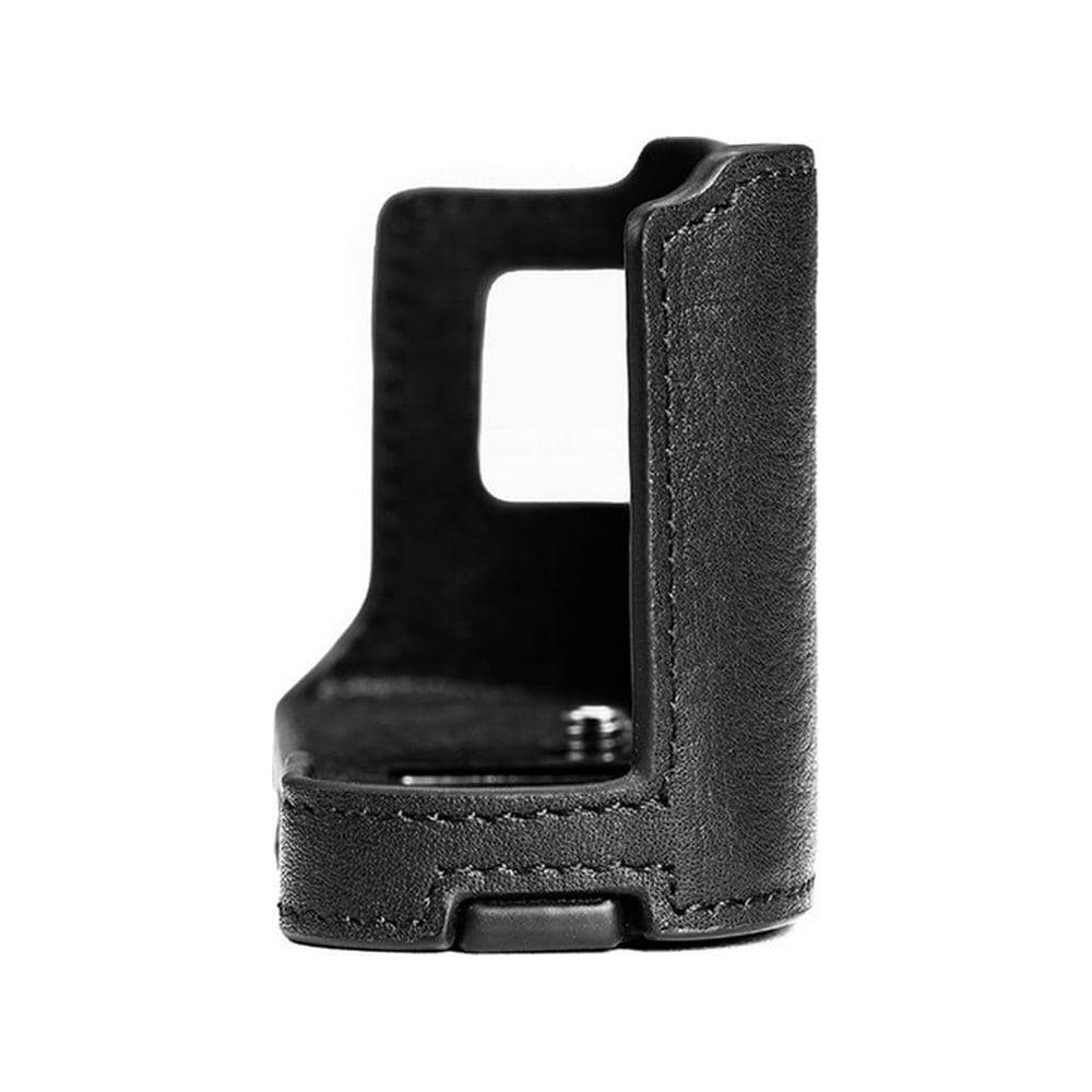 Black leather case for a camera or lens, with stitching.