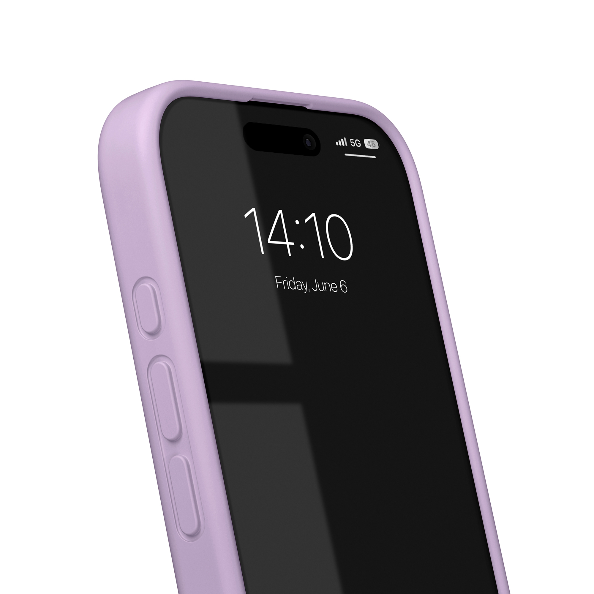 Ein hellviolettes Handygehäuse mit einem dunklen Bildschirm, auf dem 14:10 angezeigt wird.