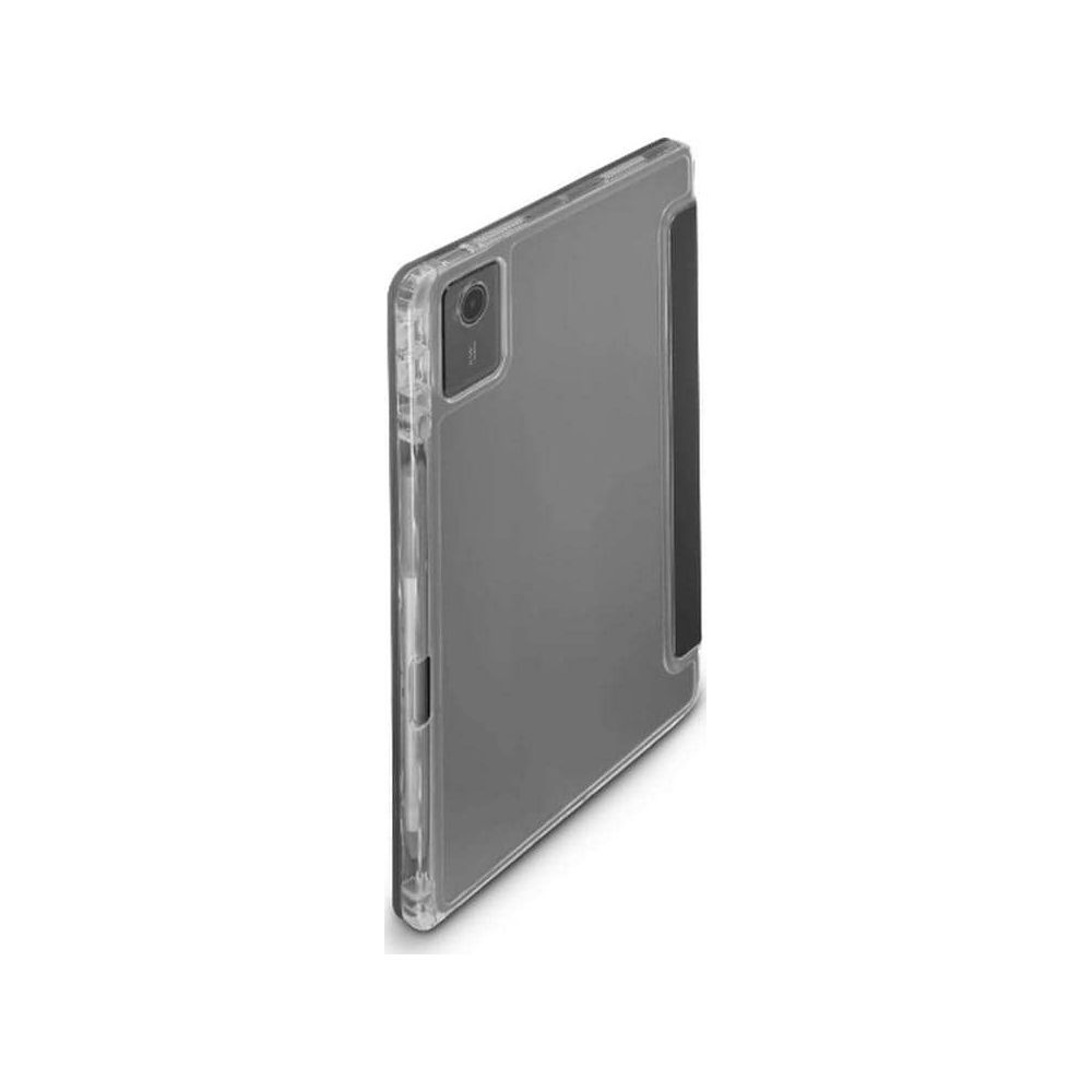 Un tablet trasparente con supporto nero su sfondo bianco.