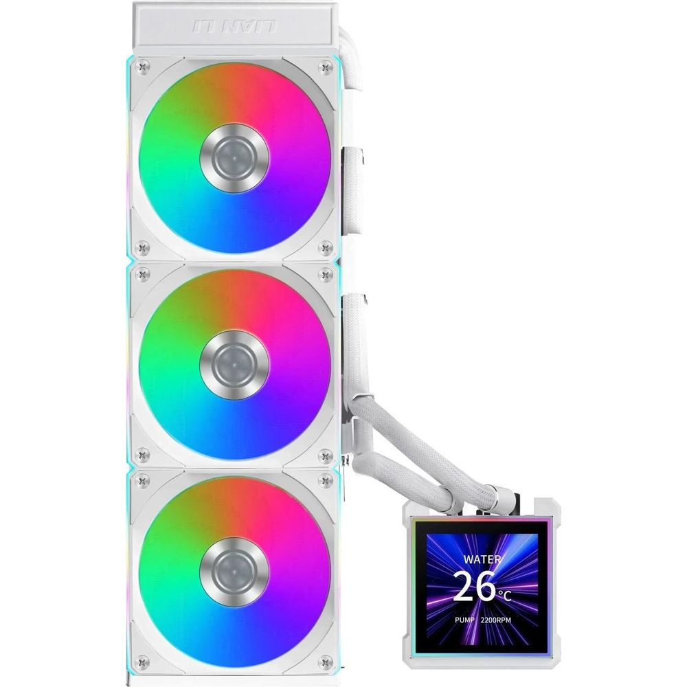 Üç RGB fanlı ve küçük ekranlı beyaz PC sıvı soğutucu.