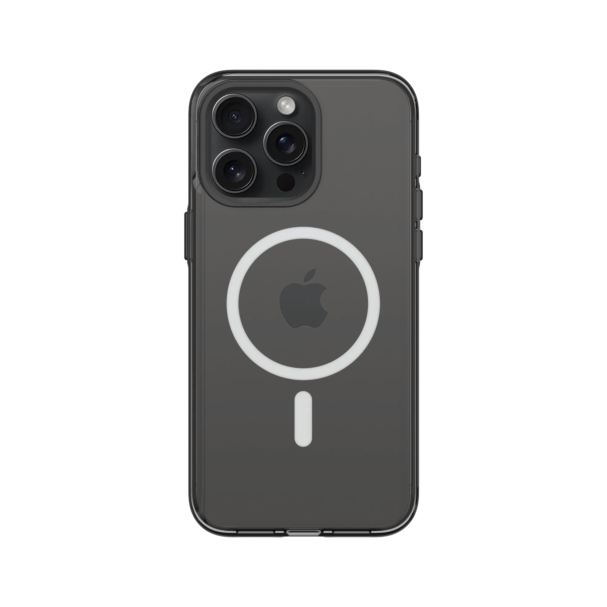 Donkergrijs iPhone hoesje met MagSafe ring en Apple logo.