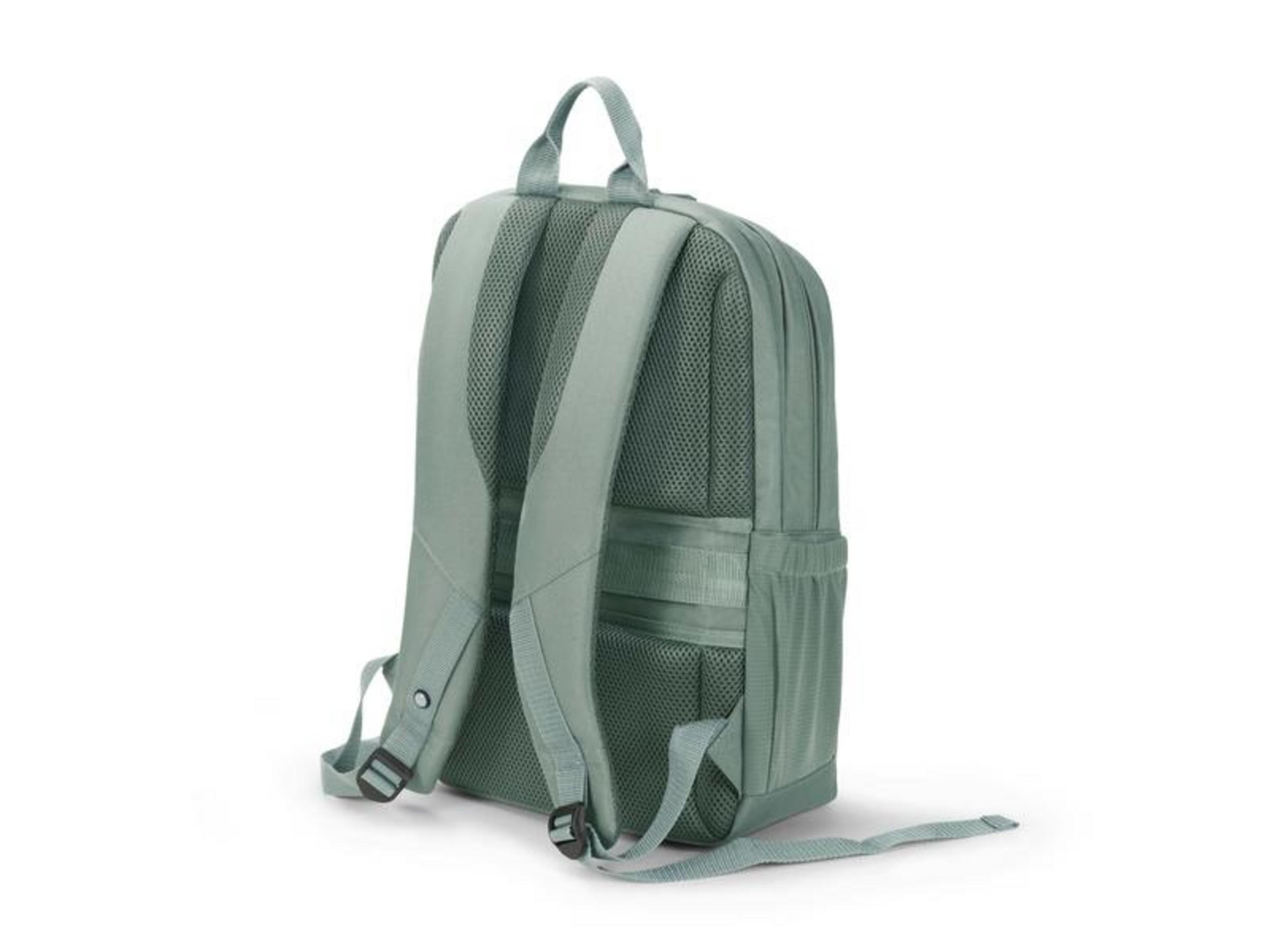 Ein hellgrüner Rucksack von hinten mit gepolsterten Trägern und Netztaschen.