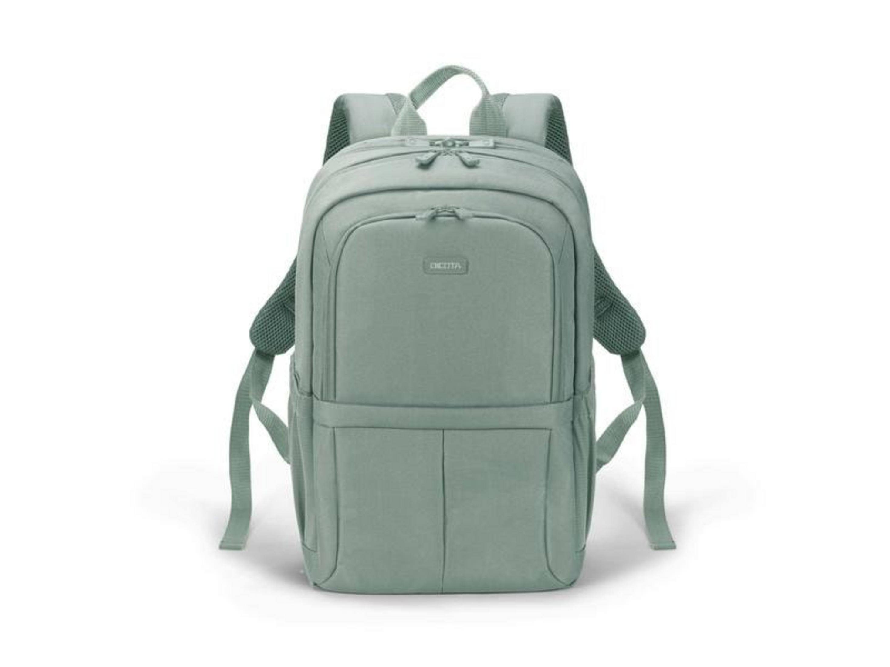 Ein pastellgrüner Rucksack mit zwei Schultergurten und Reißverschlussfächern.