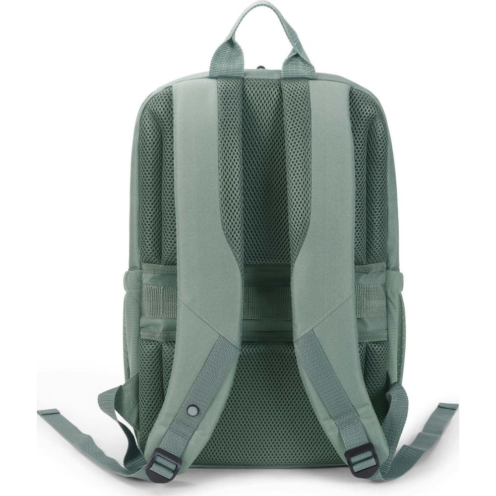 Grüner Rucksack von hinten mit gepolsterten Trägern und Netzeinsatz.