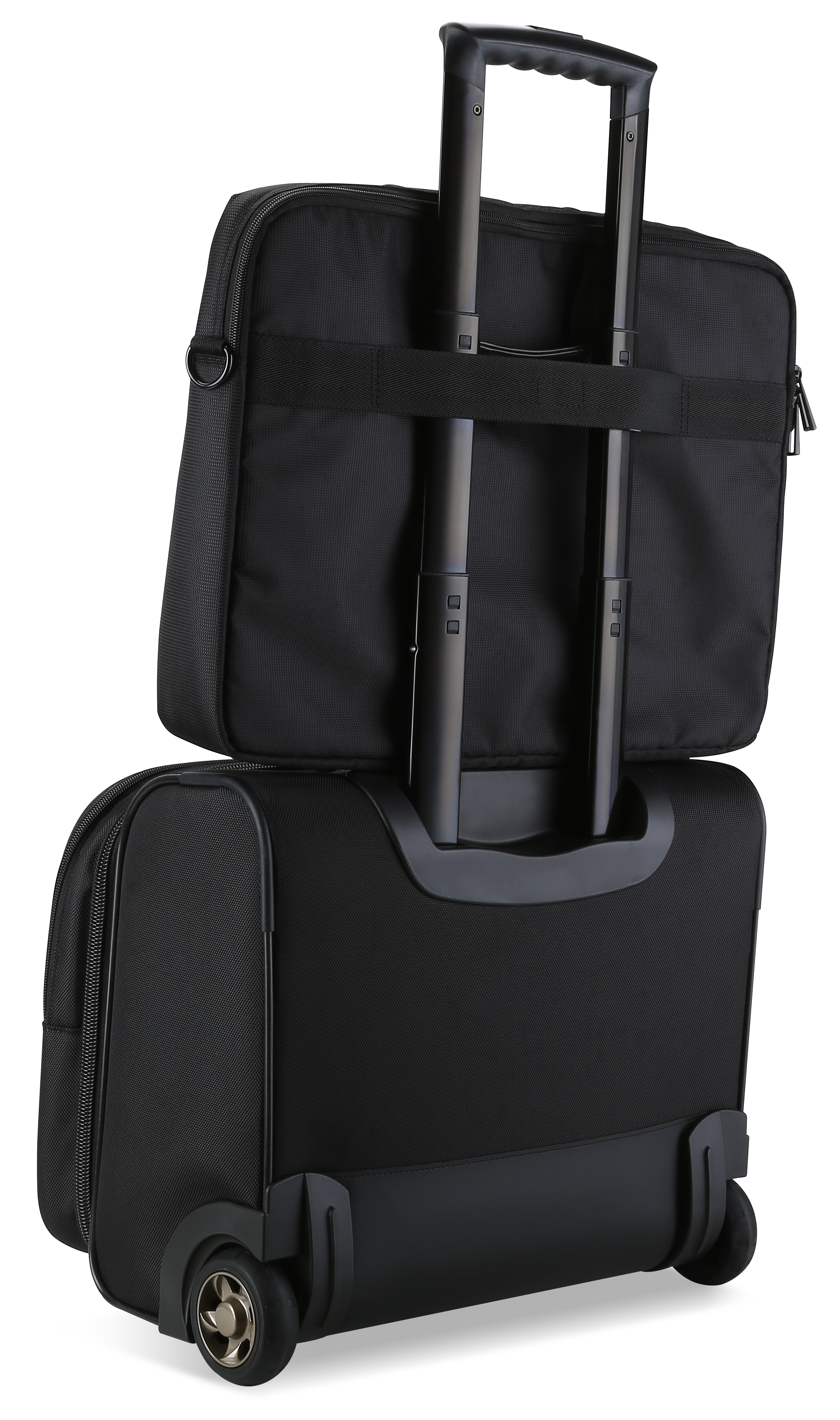 Valise noire à roulettes avec poignée extensible et sacoche d'ordinateur.
