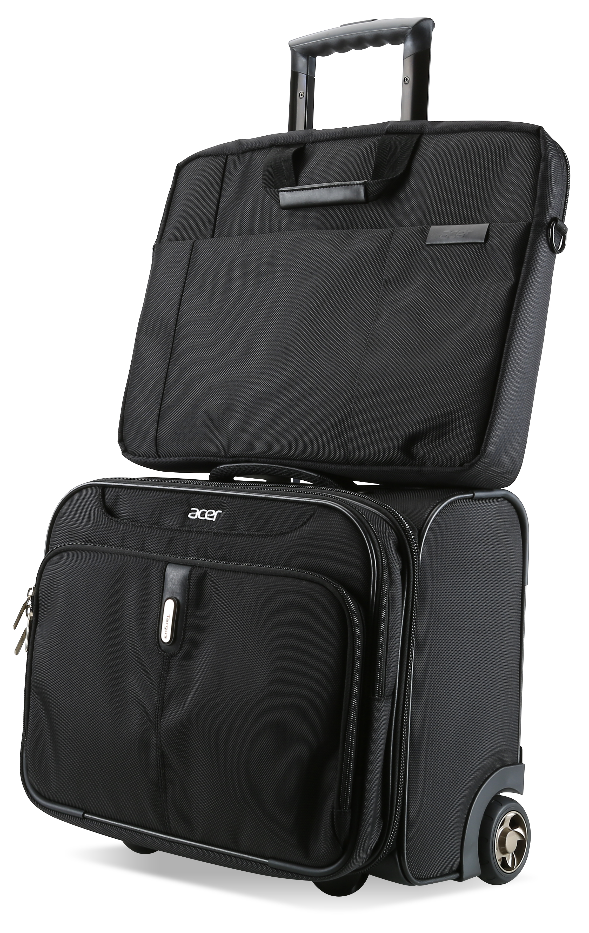 Deux sacs d'ordinateur portable noirs à roulettes et poignée rétractable.