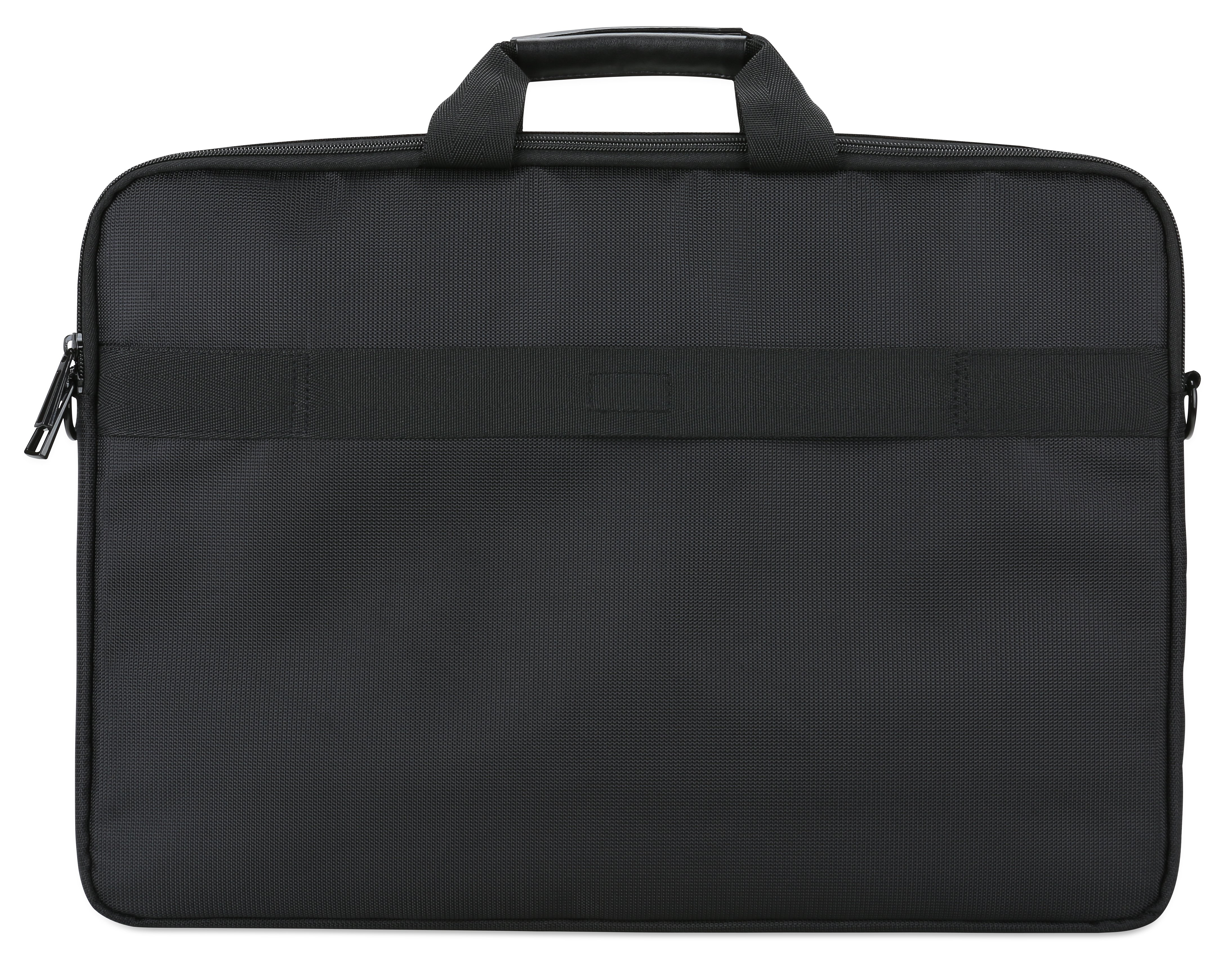 Un sac noir pour ordinateur portable avec poignée et compartiment zippé.