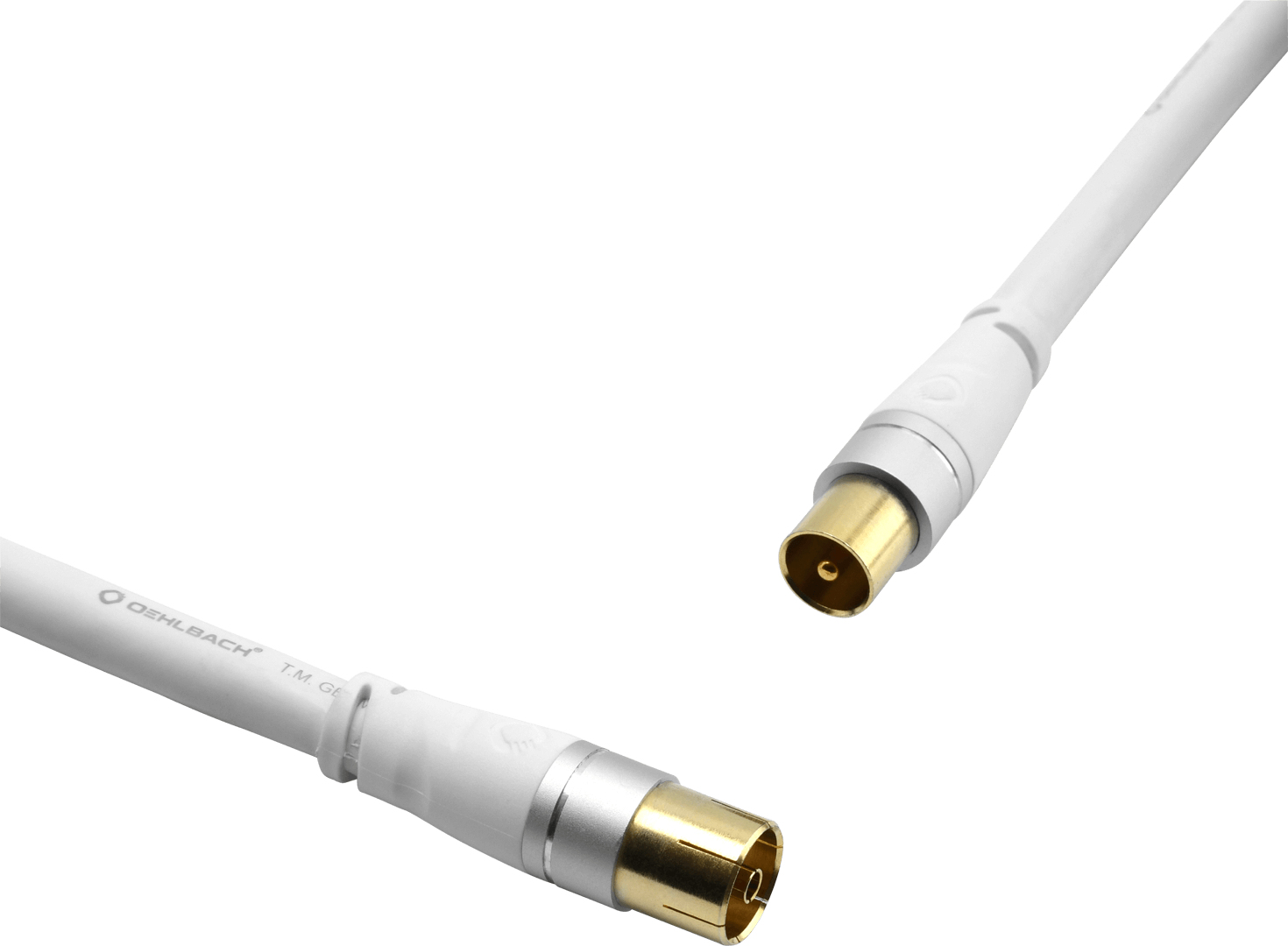 A white cable with gold connectors, on a white background.