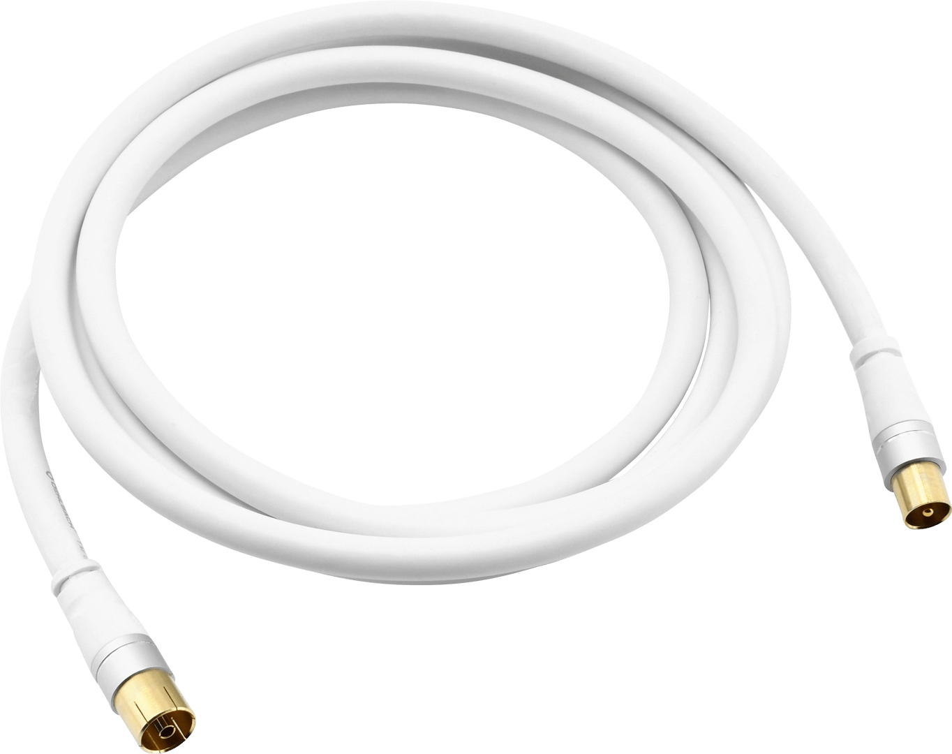 A white coaxial cable with gold connectors is coiled.